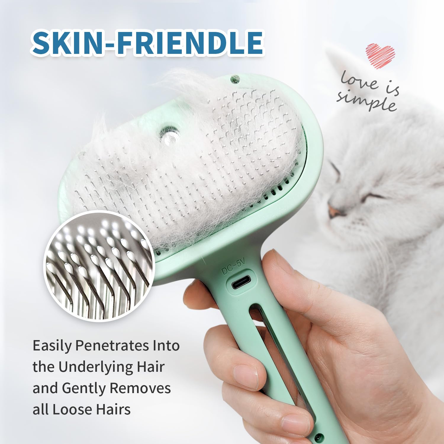 3-in-1 Self Cleaning Pet Grooming Brush - Steam Hair Brush for Dogs & Cats to Reduce Shedding, Anti-Static Deshedding Tool for Long & Short Hair Pets - Perfect for Home Grooming & Shed Control (Green)