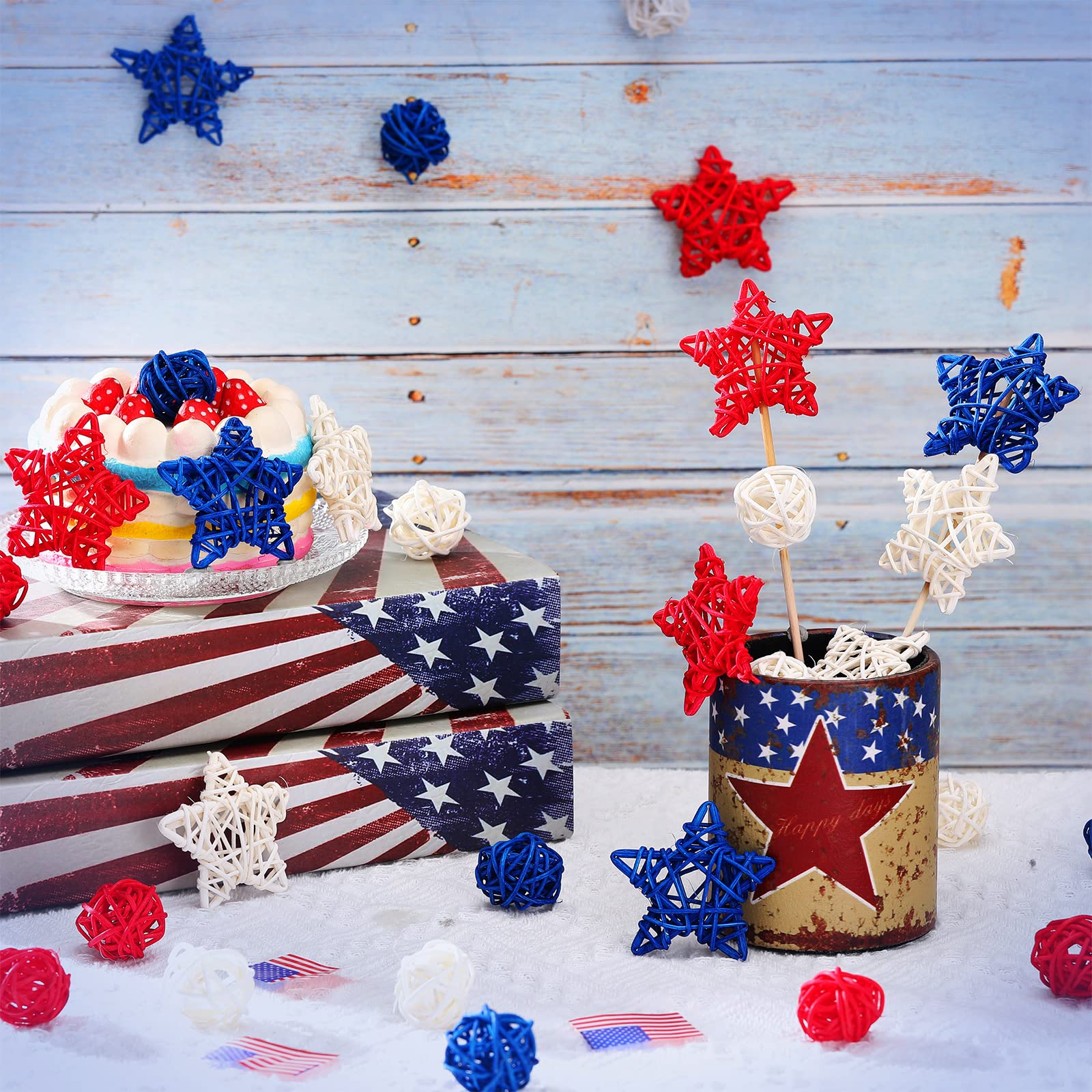 Yulejo 36-Piece Patriotic Vase Filler Set - 4th of July & Memorial Day Decorations, Natural Rattan Decorative Balls for Bowls (Round & Star Shapes) - Perfect for Independence Day Parties, Home Decor, and Patriotic Celebrations