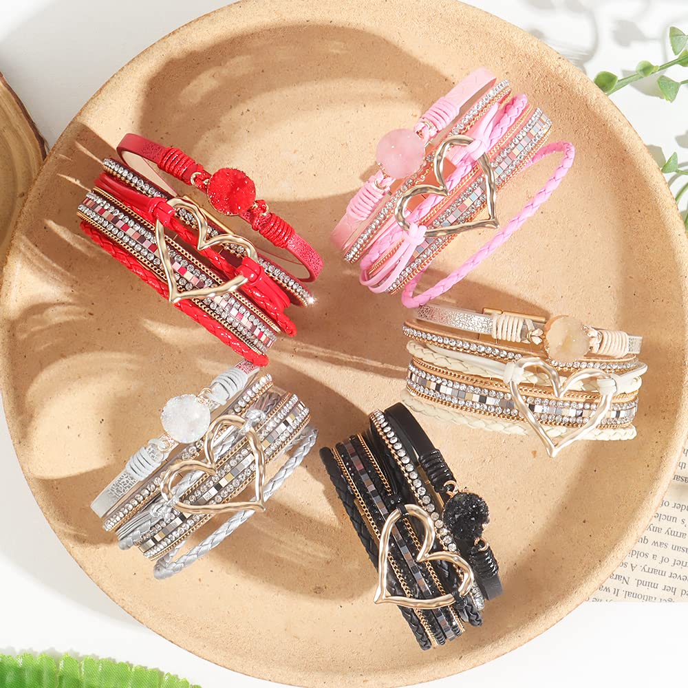 Stylish Heart Bracelets for Women - Boho Leather Wrap Bracelets, Trendy Layered Chunky Stackable Jewelry, Perfect Valentine's Day Gifts for Her | Great for Everyday Wear, Gift Giving & Special Occasions | Ideal for Date Nights, Office Wear & Boho Fashion Outfits