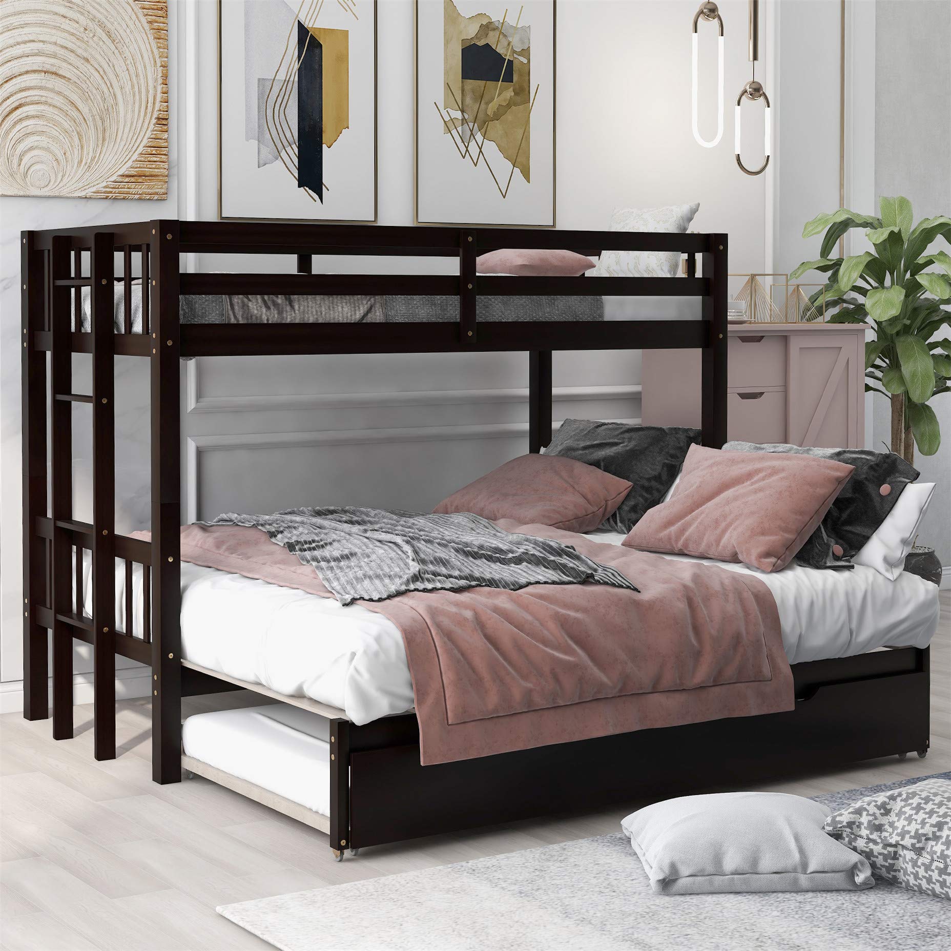 Twin Over Double Twin Bunk Bed with Trundle - Convertible 4-in-1 Wooden Bunk Bed with Ladder & Safety Rail in Espresso - Perfect for Kids' Bedroom, Guest Room or Small Space Saving Solution