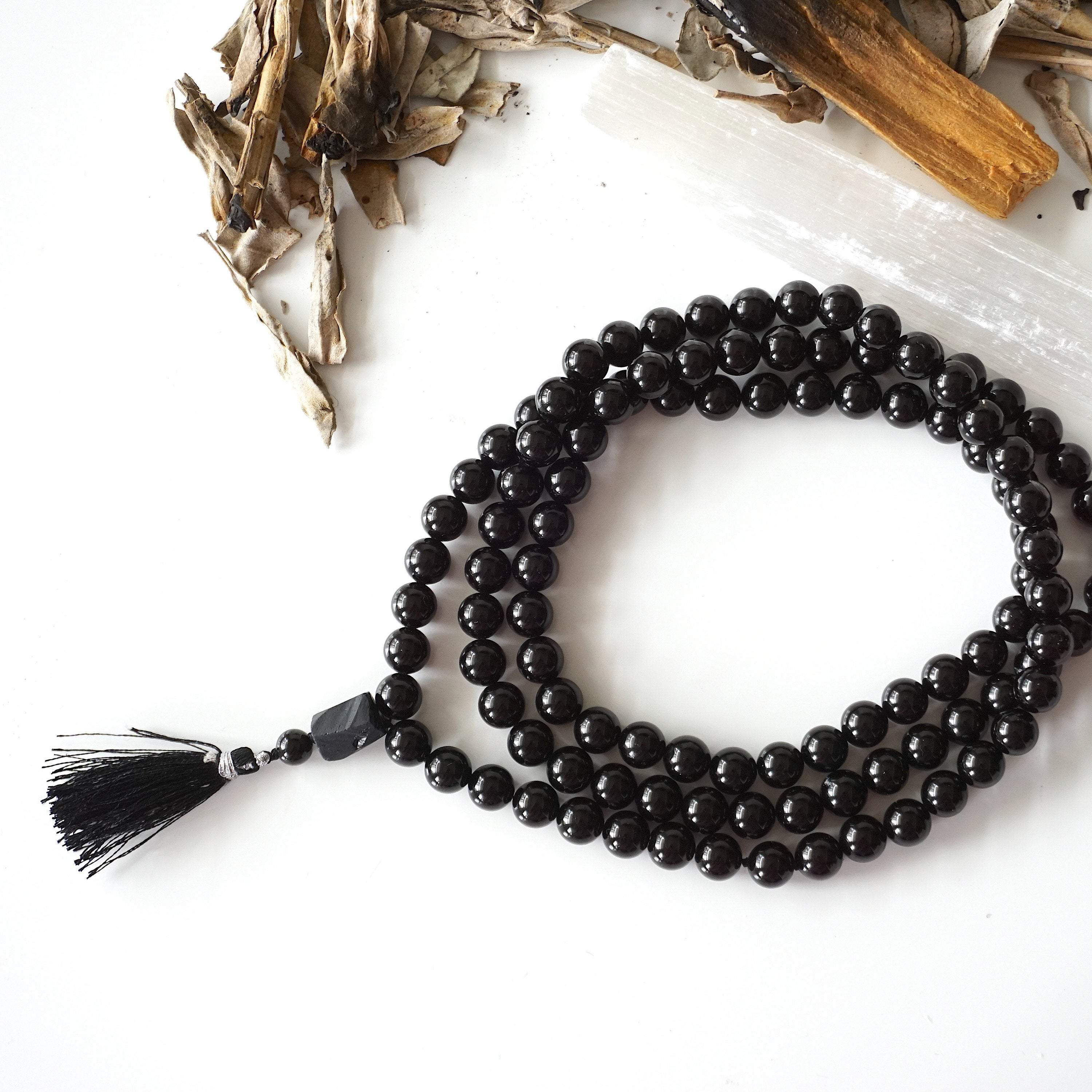 Black Tourmaline Mala Necklace - 108 Beads Spiritual Buddhist Meditation Prayer Necklace for Protection, Stress Relief & Positive Energy | Perfect for Yoga, Mindfulness & Chakra Balancing