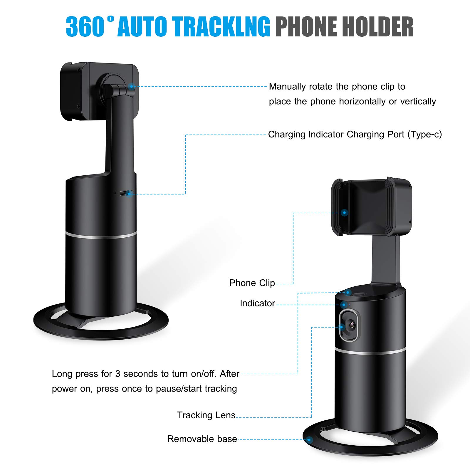 Auto Face Tracking Phone Tripod Stand - 360° Rotation Smart Body Tracking Selfie Mount for iPhone & Android - No App Required - Perfect for TikTok, Vlogging, YouTube Live Streaming & Video Recording
