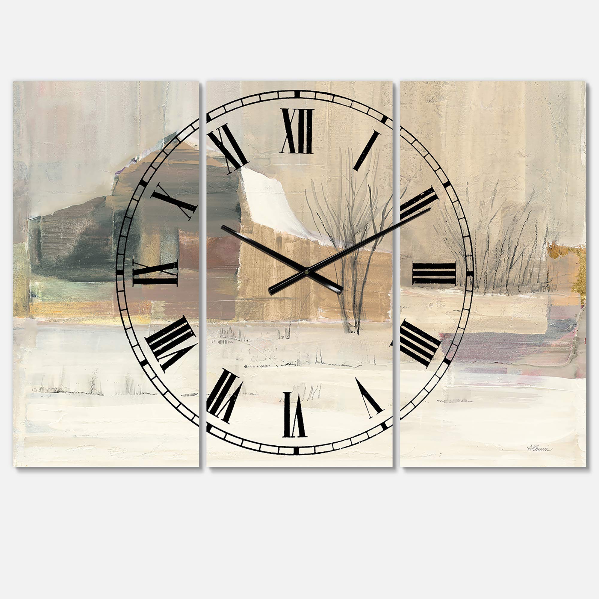 Designart Winter Farmhouse Wall Art - 3 Panel Decorative Metal Clock for Home, Living Room, Bedroom & Office | Rustic Farmhouse Decor, Seasonal Holiday Gift