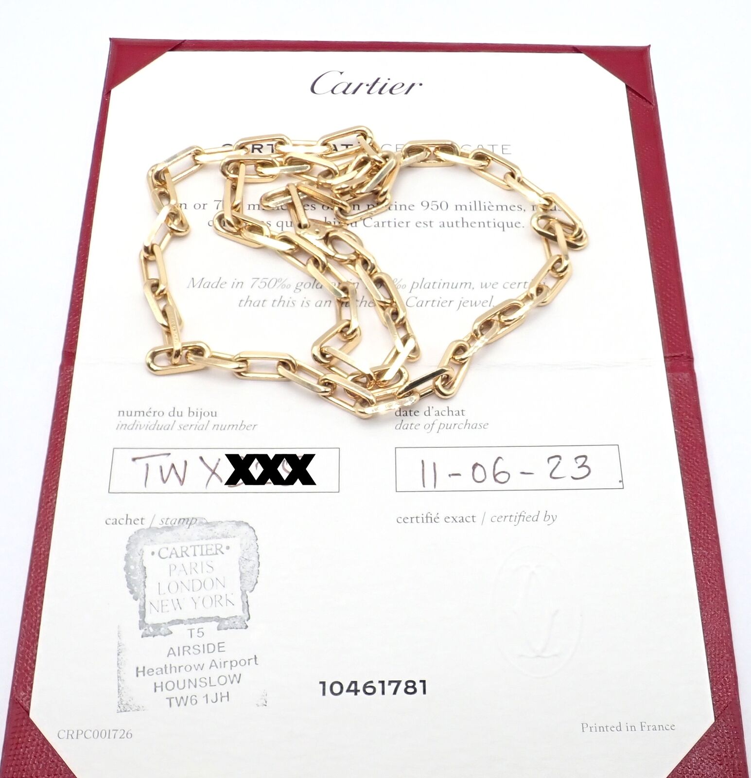 Authentic Cartier Santos 18K Yellow Gold Link Chain Necklace 22