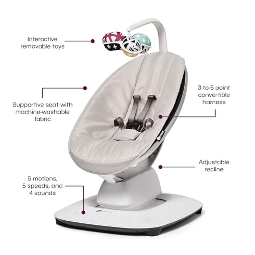 4moms MamaRoo Baby Swing with Bluetooth - 5 Soothing Motions for Newborns & Infants, Adjustable Recliner, Grey - Perfect for Nursery, Playroom & Travel