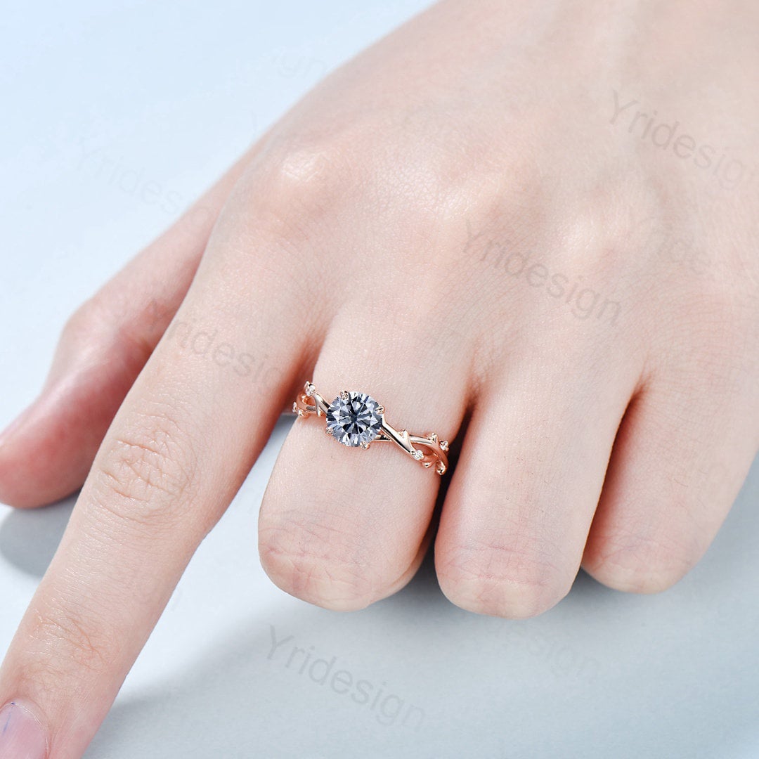 1CT Round Gray Moissanite Vintage Engagement Ring - Sterling Silver Leaf Cluster Design with Rose Gold Accents for Women | Perfect for Wedding, Proposal & Anniversary Gifts