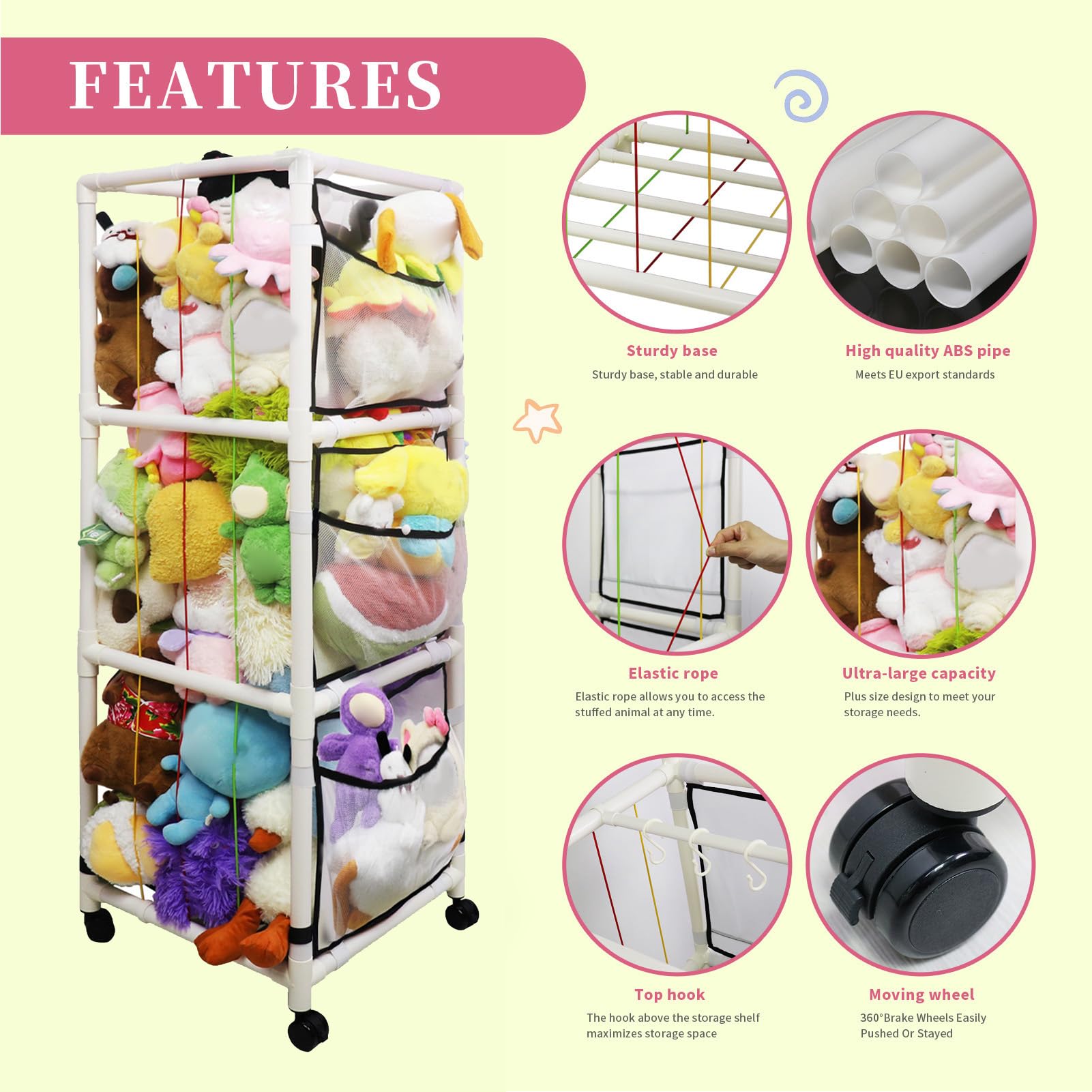 Soft Plush Animal Storage Organizer with Metal Frame, Elastic Bands & Wheels - Stuffed Toy Holder for Nursery, Playroom & Bedroom Decor - Perfect for Kids' Room Organization & Toy Storage Solutions