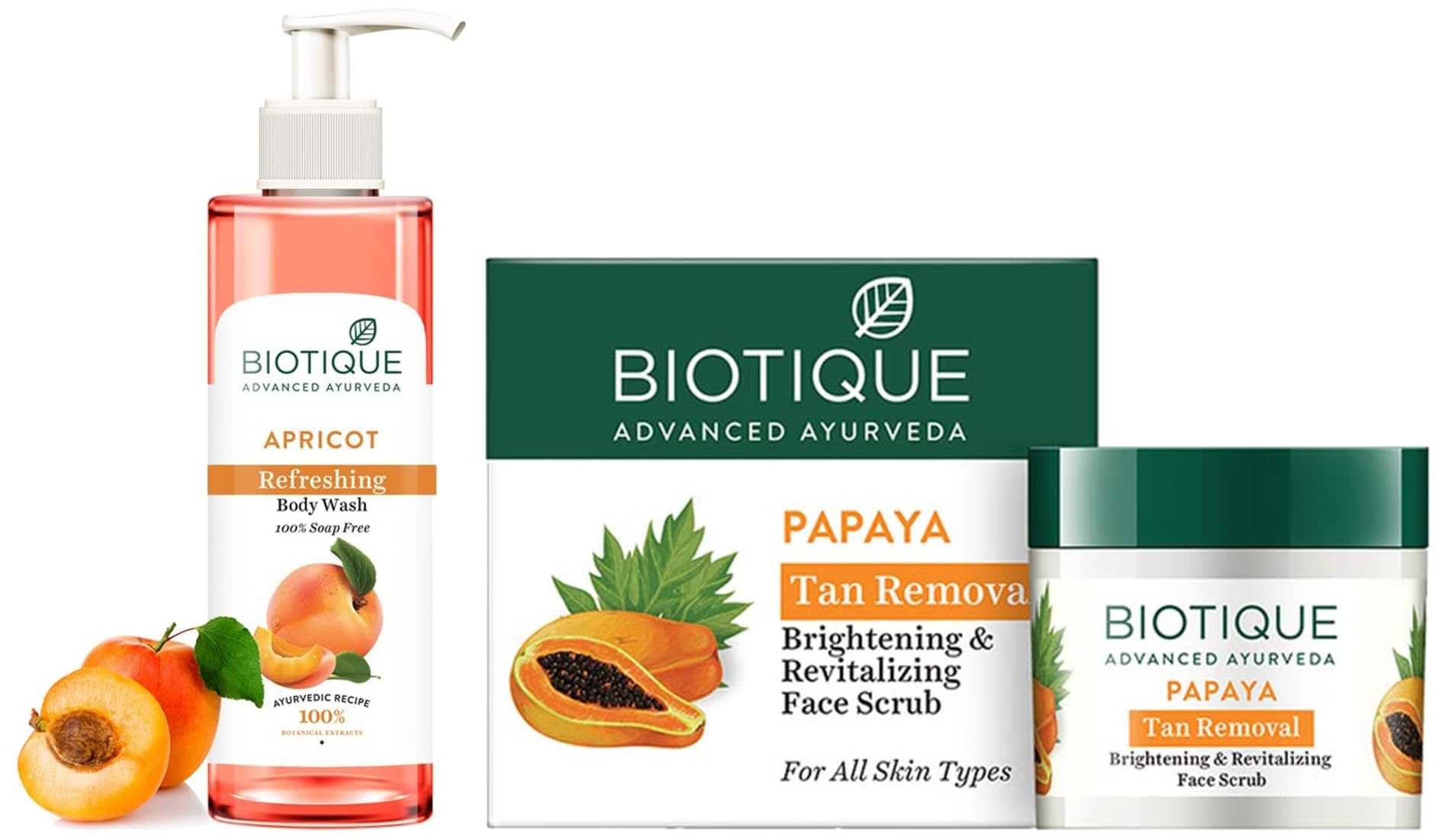 Biotique Bio Papaya Revitalizing Tan Removal Scrub 75g & Apricot Body Wash 200ml - Natural Exfoliating Face Scrub & Hydrating Body Cleanser for Glowing Skin | Perfect for Daily Skincare Routine & Spa Day at Home