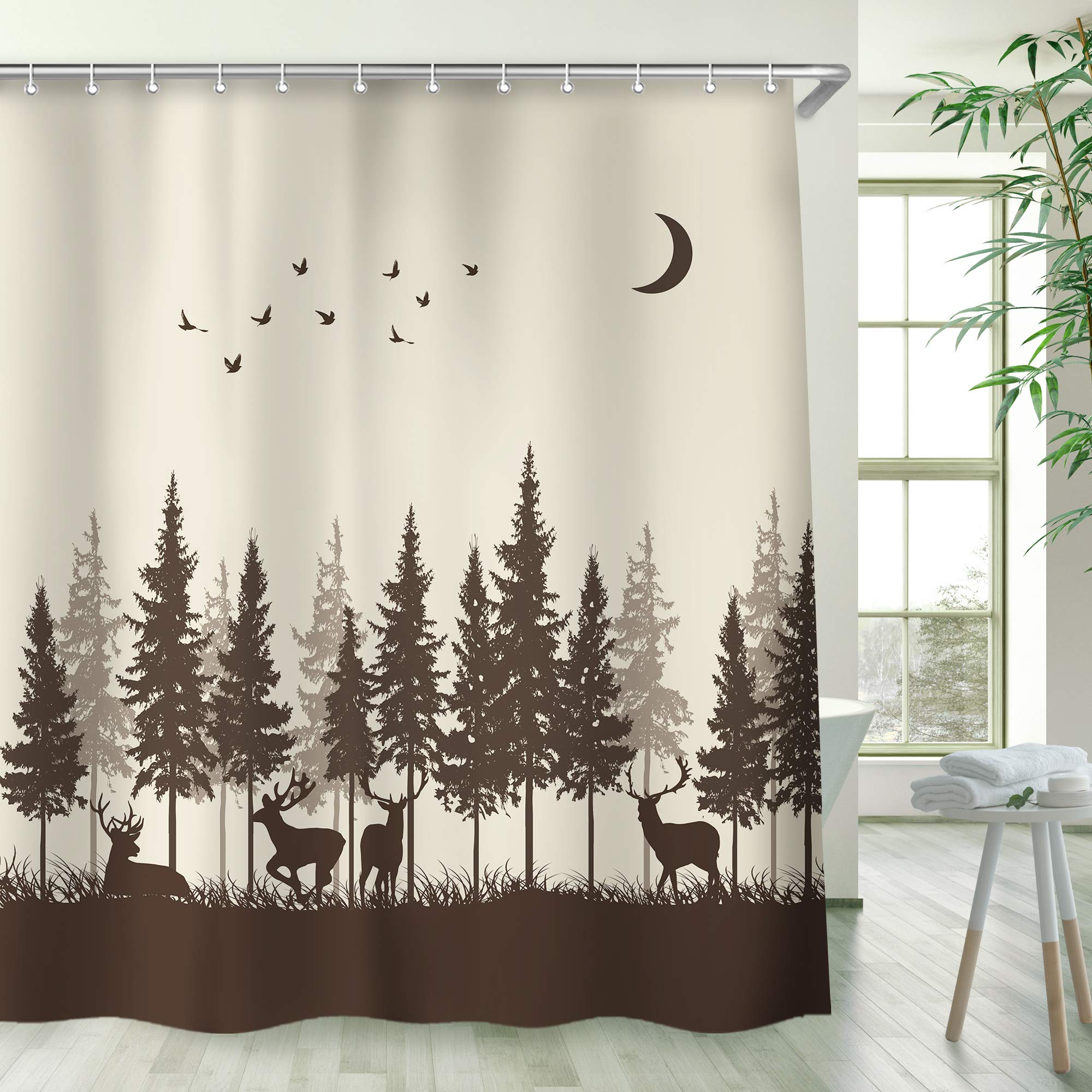 RosieLily Deer & Moose Shower Curtain - 72x84 Inch Rustic Cabin Bathroom Decor with Forest Wildlife Design - Waterproof Brown Hunting Theme Shower Curtain Includes 12 Hooks - Perfect for Lodge, Farmhouse & Woodland Themed Bathrooms