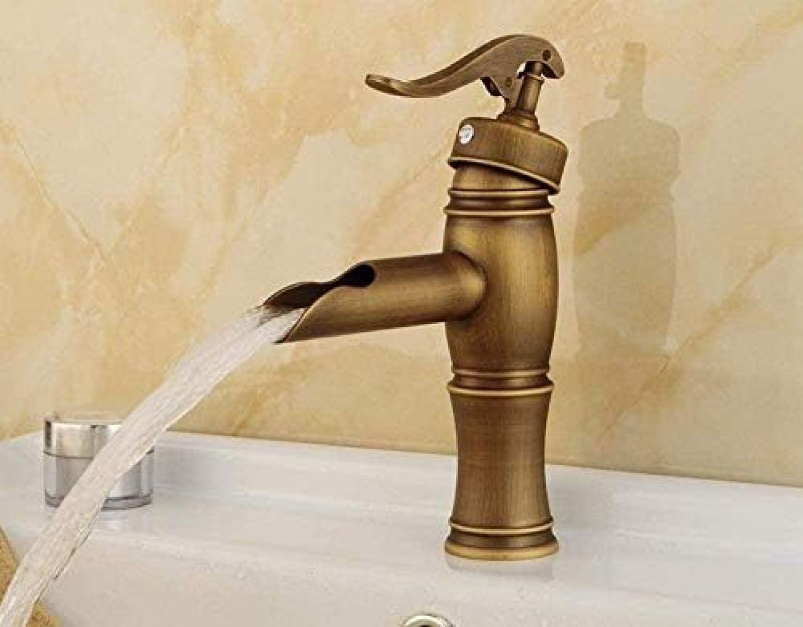 CRJUS Antique Brass Single Handle Waterfall Bathroom Sink Faucet - Vintage Style Basin Mixer Tap for Bathroom & Kitchen - Perfect for Modern, Farmhouse, and Classic Home Decor