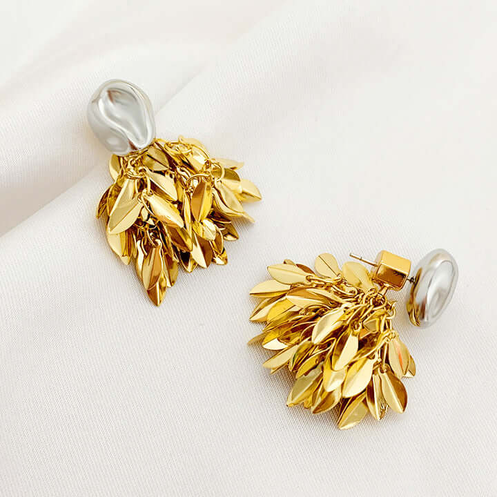Gold and Silver 2-Way Leaf Fringe Drop Earrings Set | Elegant Dangle Earrings for Women | Perfect for Parties, Weddings & Date Nights