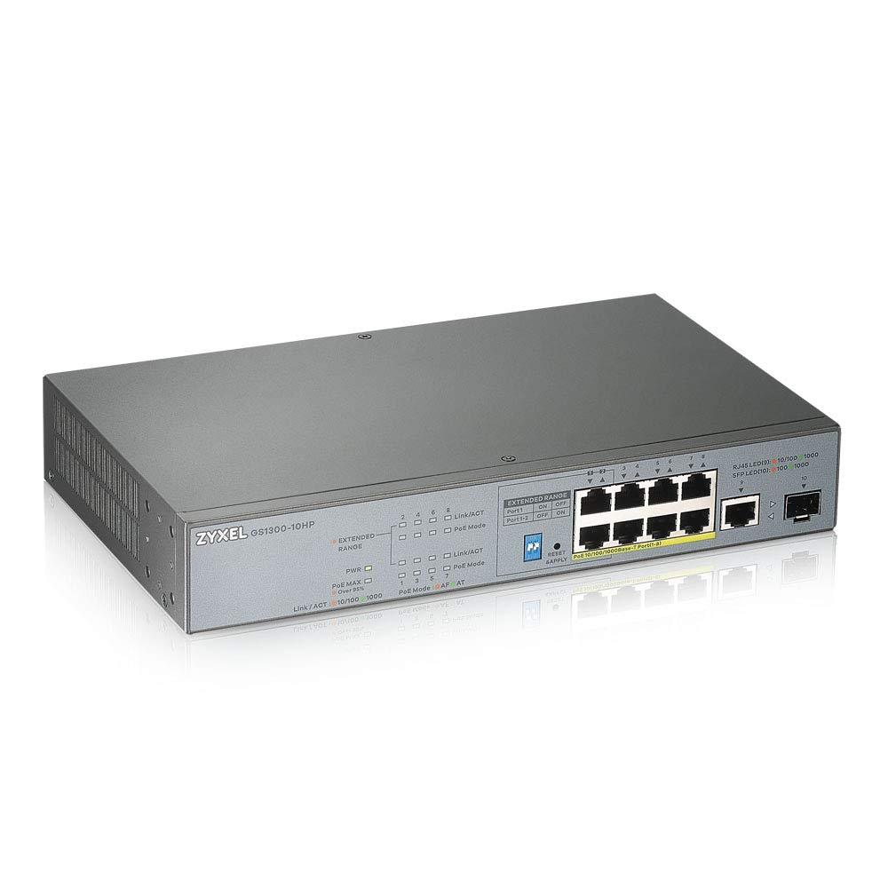 Zyxel GS1300-10HP 8-Port Gigabit Unmanaged PoE+ Switch with 130W Power Budget, 1G Copper Port & SFP Slot - Long Range Power over Ethernet for IP Cameras, VoIP Phones & Wireless Access Points