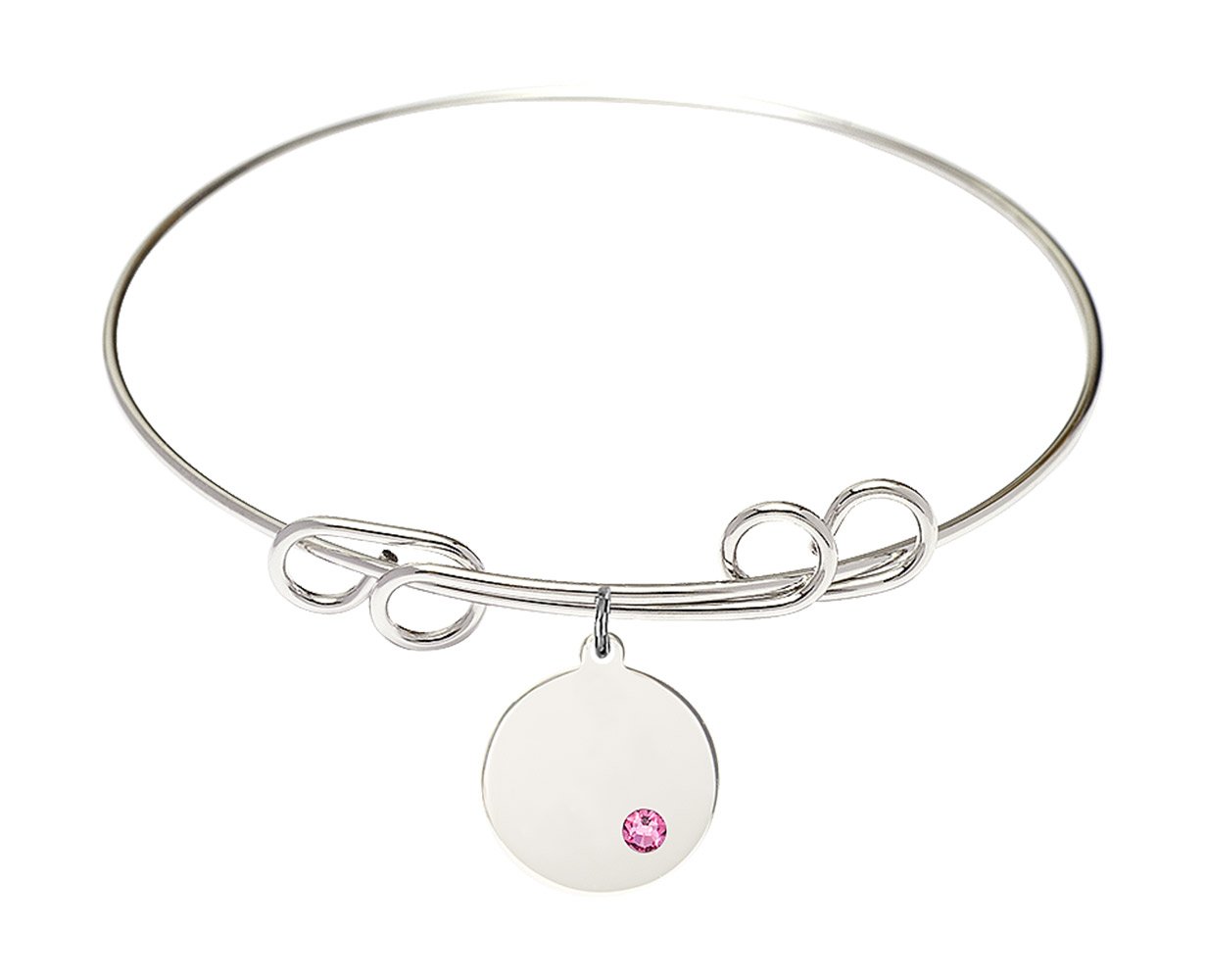 8 Inch Round Double Loop Bangle Bracelet with Plain Disc Charm & Rose Crystal - Elegant Jewelry for Women, Perfect for Parties, Weddings & Daily Wear