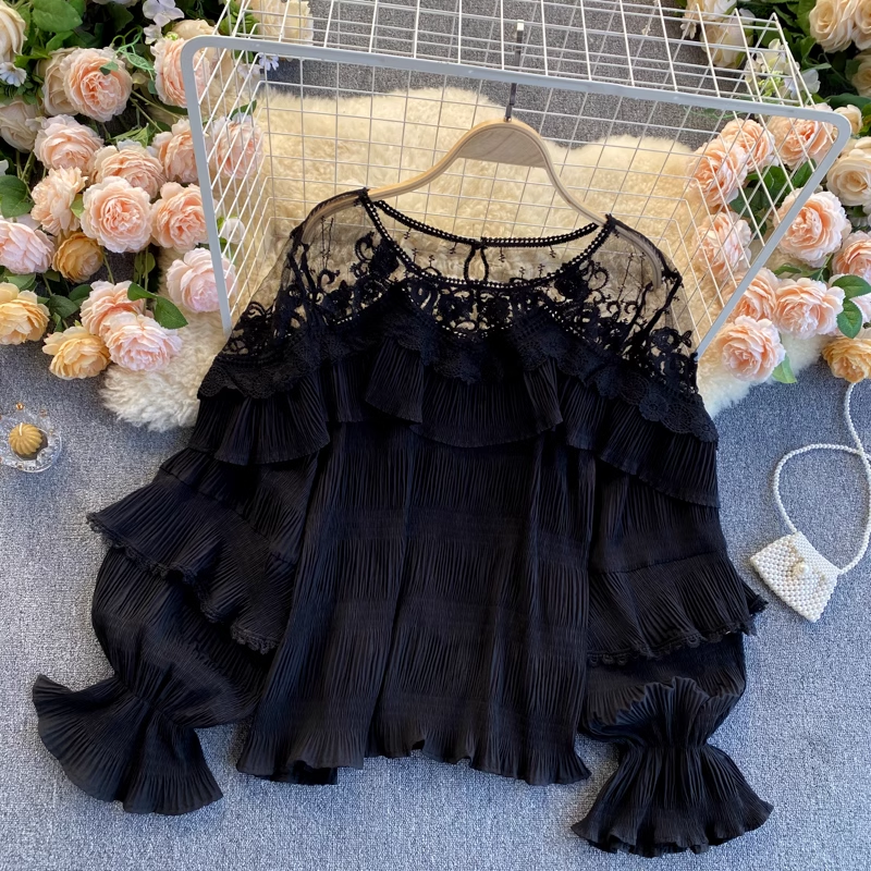 Sheer French Lace Mesh Blouse with Ruffled Puff Sleeves - Elegant Chiffon Top for Women | Perfect for Date Night, Office Wear & Special Occasions