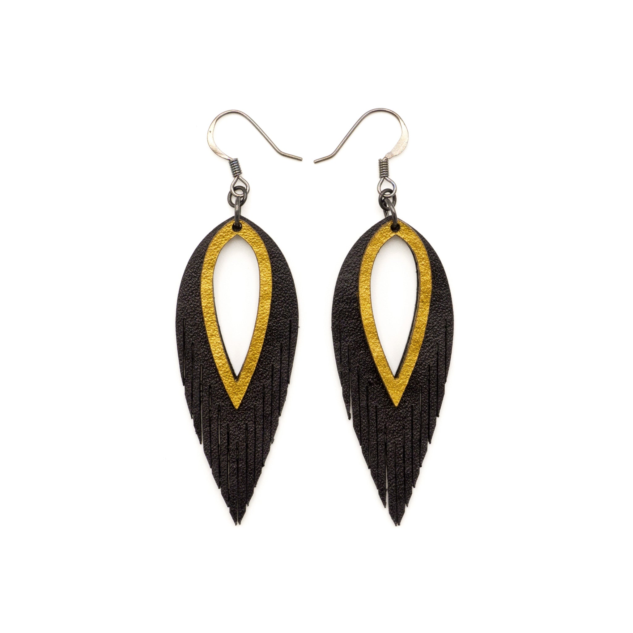 Nativas 2 Layer Genuine Leather Earrings for Women - Black & Gold Hoop Dangle Earrings | Perfect for Casual, Office & Party Wear