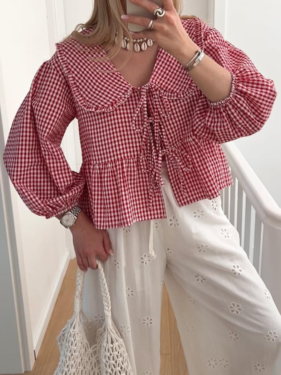 Y2K Women's Lapel Doll Collar Stripe Blouse with Puff Sleeves & Peplum Tie Front Top - Flared Ruffle Summer Shirt for Casual Wear, Office Outfits & Retro Fashion