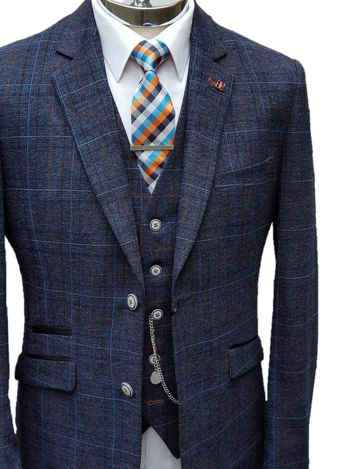Cavani Cody Men's 3 Piece Blue Check Slim Fit Suit - Formal Business Attire for Weddings, Office & Special Occasions