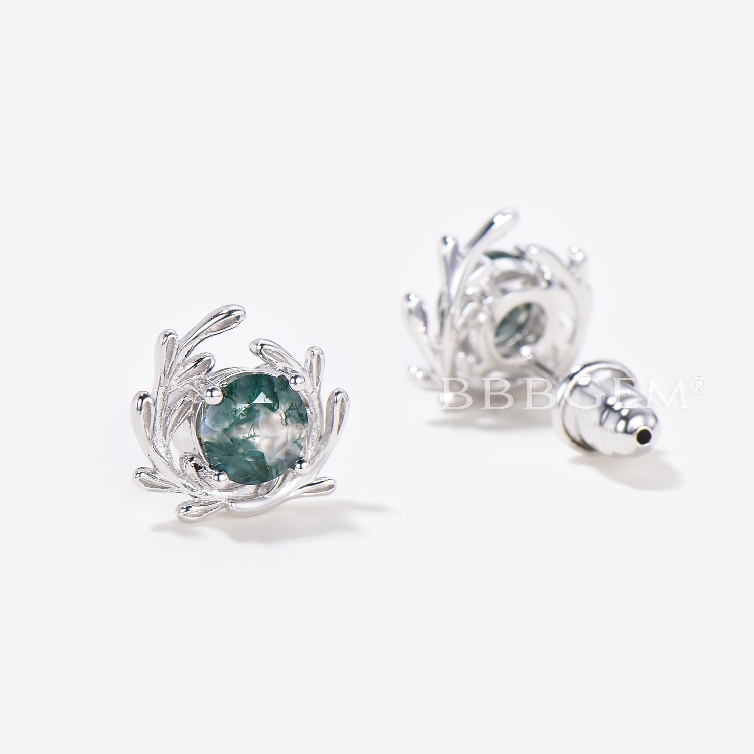 Round Natural Moss Agate Leaf Stud Earrings - 14k White Gold Boho Style Jewelry for Women - Perfect for Everyday Wear, Gift Giving & Boho Fashion