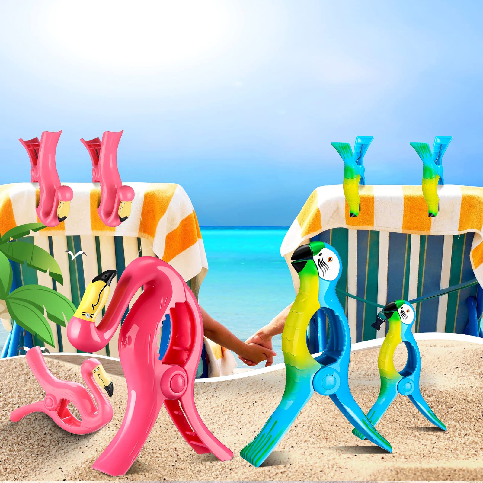 8 Pcs Heavy Duty Beach Towel Clips for Chairs - Flamingo & Parrot Design, Jumbo Size Pool Towel Holders for Cruise Ship, Travel, and Outdoor Use (Pink, Blue, Flamingo, Parrot) - Perfect for Beach, Poolside, and Vacation Essentials