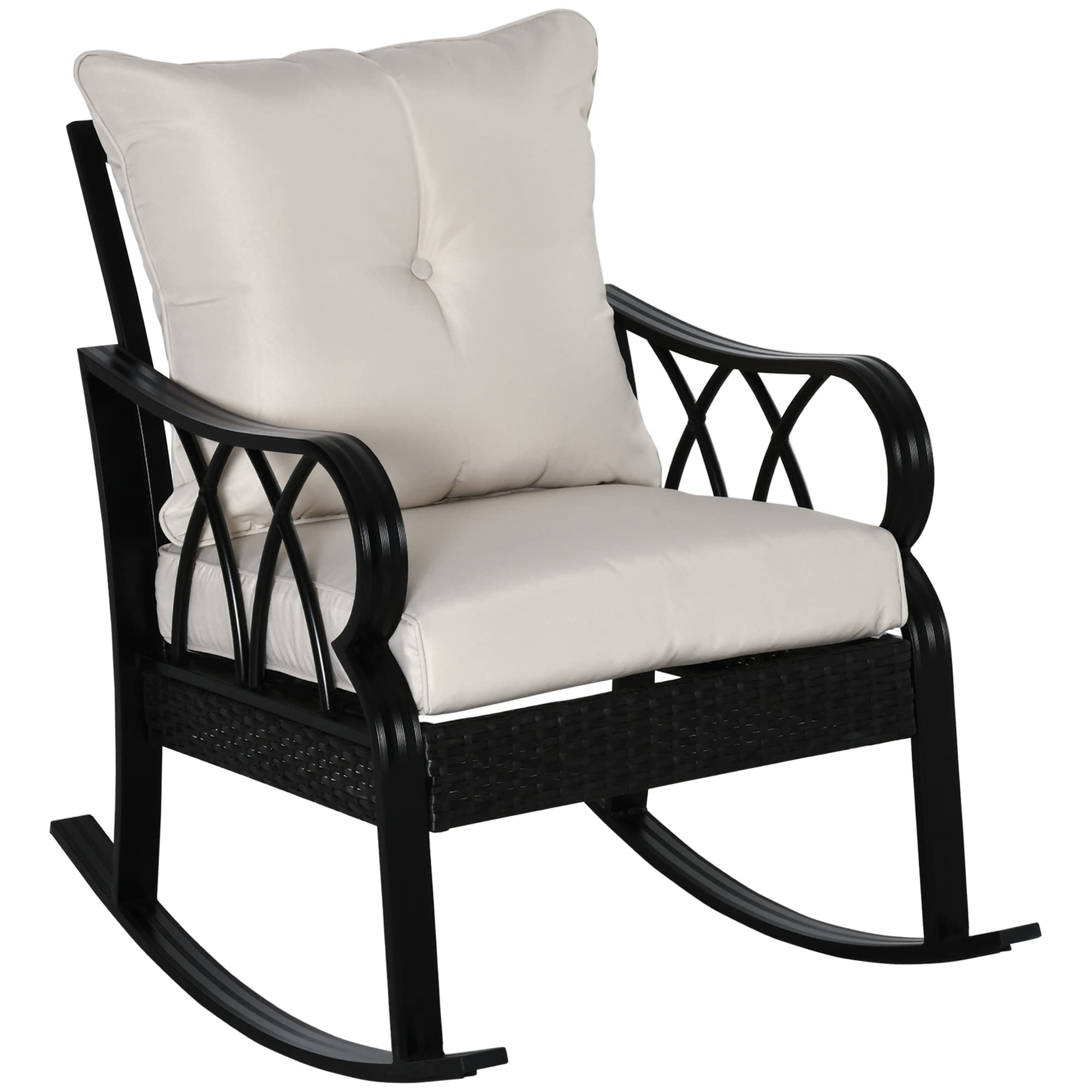 Outsunny Outdoor Wicker Rocking Chair with Padded Cushions - Aluminum Frame Rattan Porch Rocker with Armrests for Patio, Garden & Backyard - Comfortable Khaki Lounge Chair for Relaxing, Reading & Sunbathing