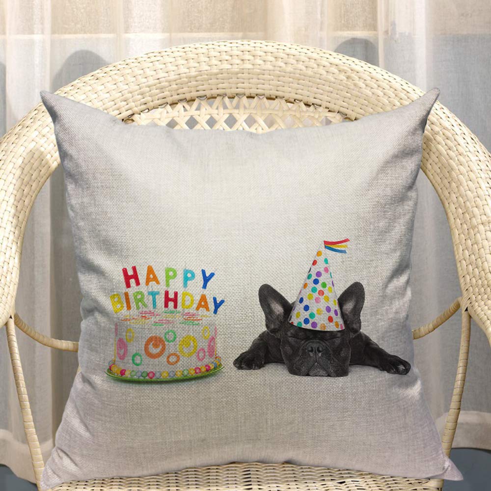French Bulldog Decorative Pillow Cover - Cute Birthday Party Design with Cake, Candles & Hat (20x20 Inch) | Cotton Linen Square Throw Pillow Case for Couch, Bed, Sofa | Perfect for Home Decor, Living Room Accents & Pet Lover Gifts