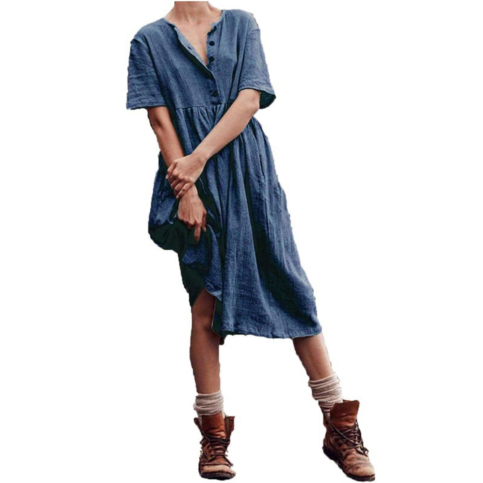 Ylioge Women's Black Mini Dress - Half Button Down Short Sleeve Sundress, Solid Color Casual Linen Cotton Dress for Summer Beach, Party & Vacation