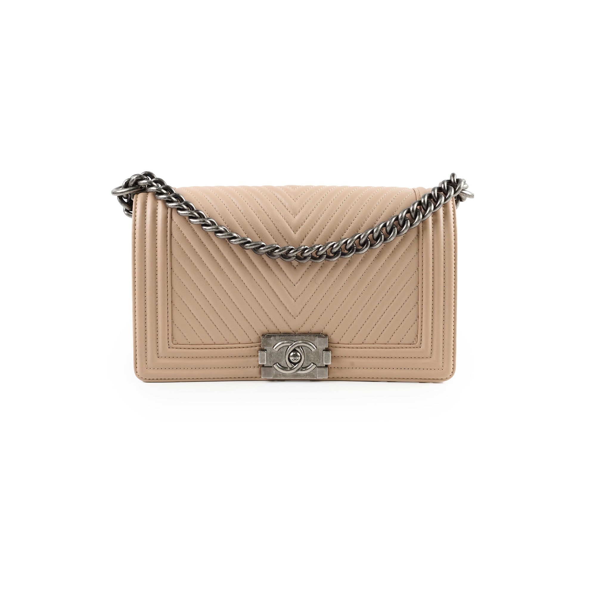 Chanel Boy Old Medium Chevron Beige Lambskin Leather Handbag - Luxury Crossbody Bag for Women, Perfect for Date Night & Evening Events