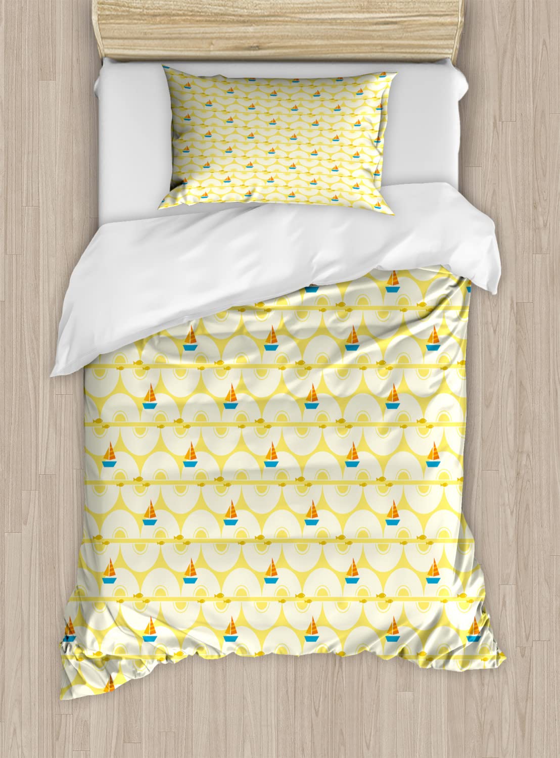 Ambesonne Cartoon Marine Theme Duvet Cover Set - Nautical Boats & Fish Design, 2-Pack Queen Size Bedding with 2 Duvet Covers & 4 Pillowcases - Perfect for Kids' Rooms, Beach Houses & Nautical Themed Bedrooms