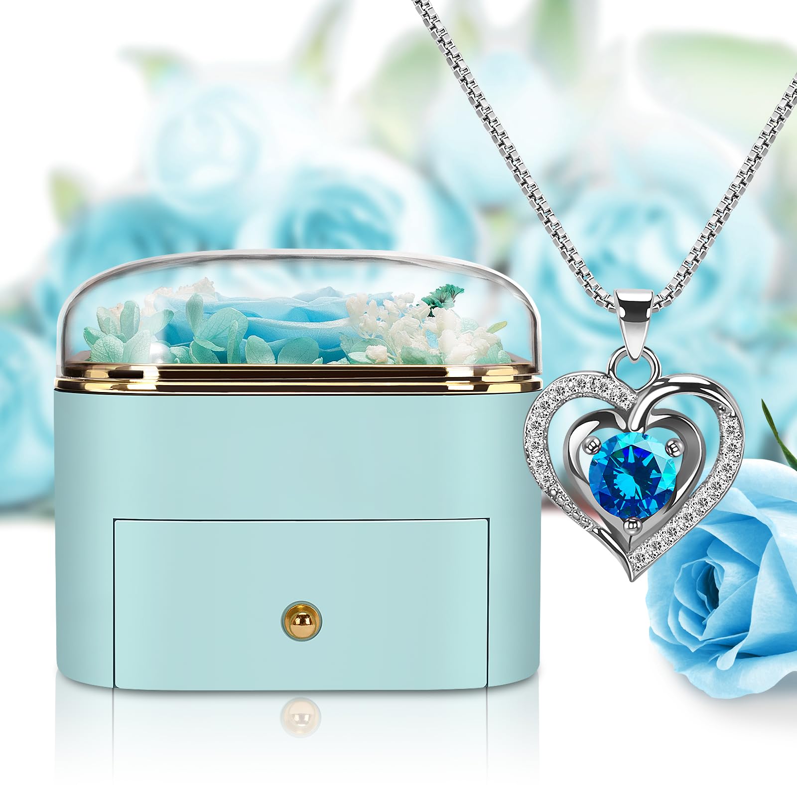 Eternal Rose Necklace Gift Set for Women - Preserved Real Rose with Heart Pendant, Birthday Anniversary Christmas Present for Wife, Girlfriend, Mom, Grandma (Blue) | Romantic Keepsake for Special Occasions