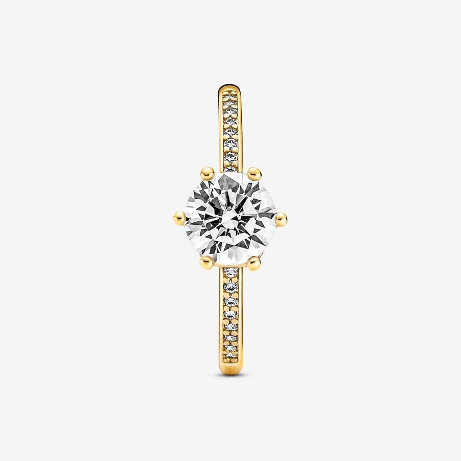 PANDORA Clear Sparkling Crown Solitaire Ring 14k Gold-Plated Cubic Zirconia Ring for Women - Elegant Jewelry Gift for Her with Gift Box - Perfect for Anniversaries, Birthdays & Special Occasions