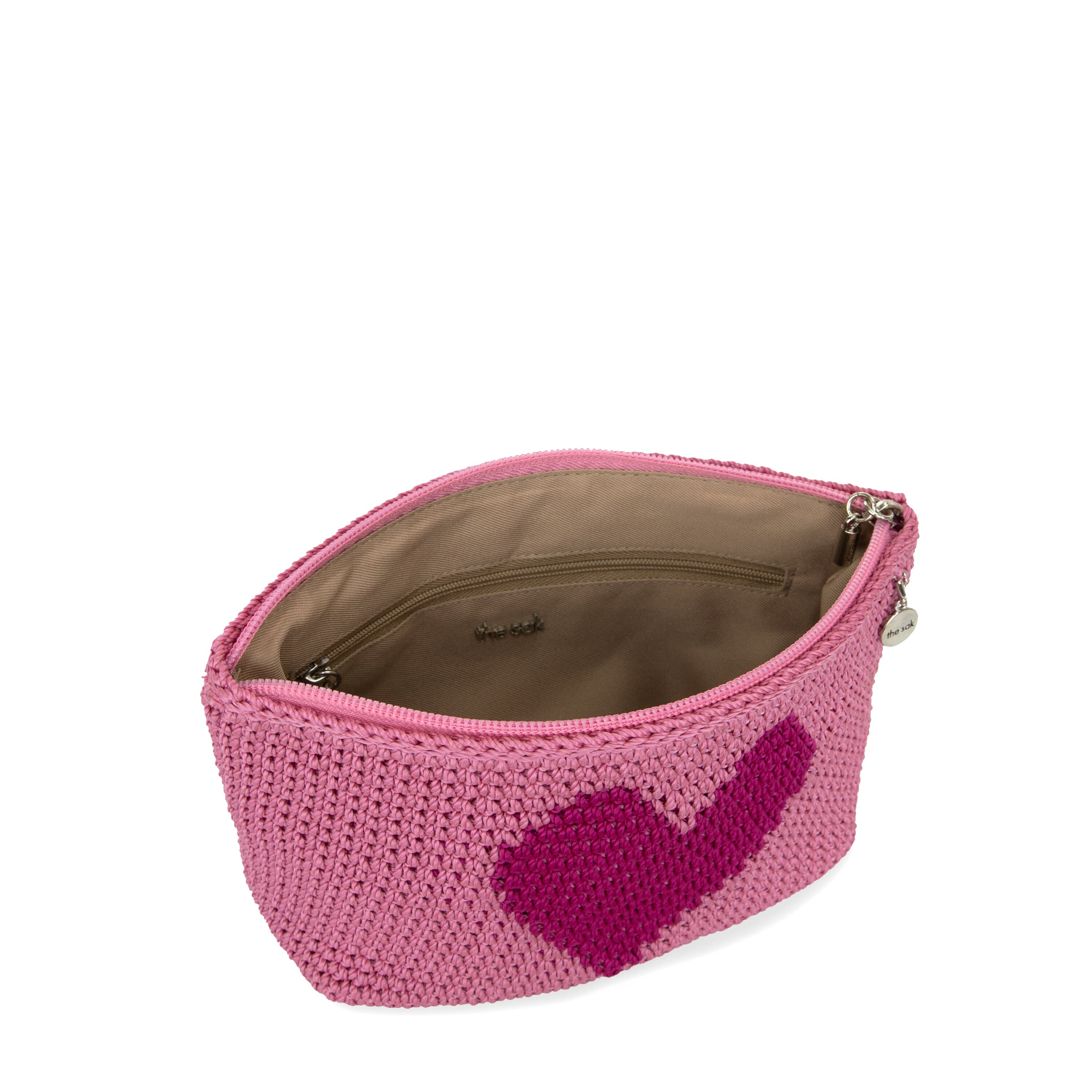 Handmade Crochet Essential Pouch - Tulip Pink Heart Design for Women | Perfect for Makeup, Jewelry & Travel Accessories Storage | Cute Gift Idea