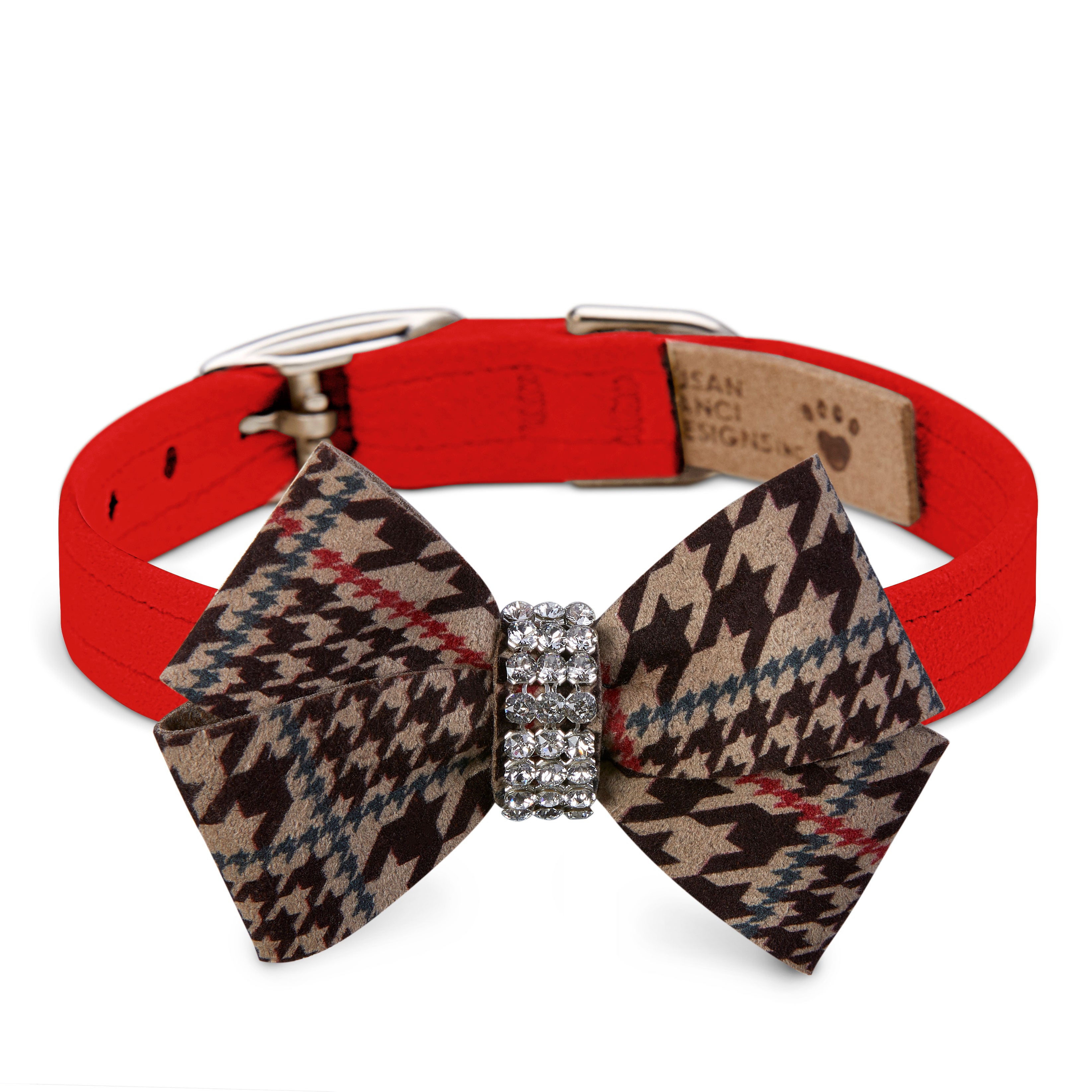 Stylish Chocolate Glen Houndstooth Nouveau Bow Dog Collar - Fashionable Pet Accessory for Small & Medium Dogs - Perfect for Daily Walks, Special Occasions & Photo Shoots