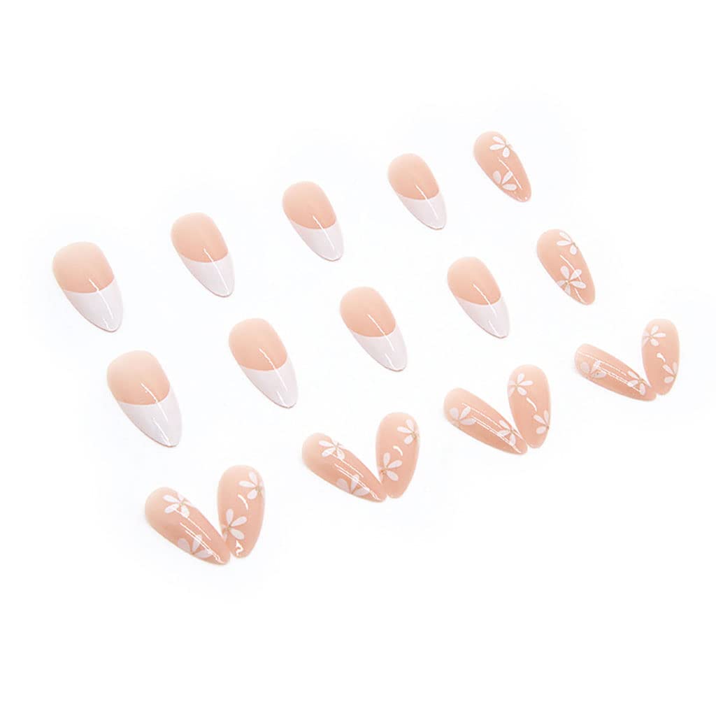 RikView French Tip Press on Nails - Medium Length Fake Nails with White Floral Design, Almond Shaped Acrylic Nails for Women | Perfect for Weddings, Parties & Daily Wear