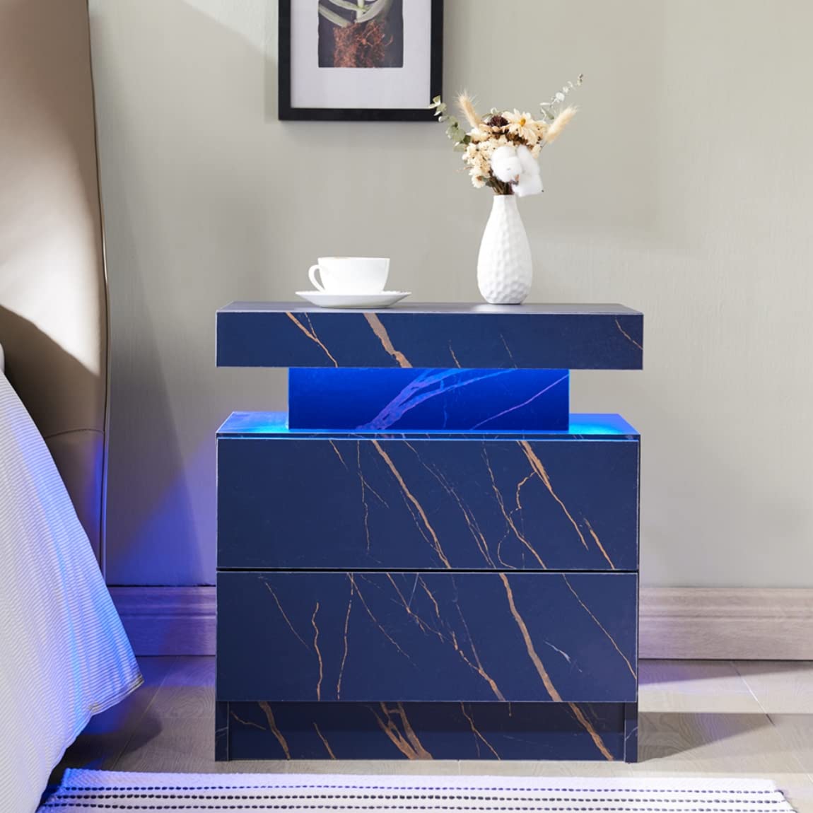 Modern LED Nightstand with Charging Station & 2 Drawers - Blue Bedside Table with Soft Lighting for Bedroom, Living Room or Office - USB Ports & Storage Cabinet for Phones, Books & Essentials
