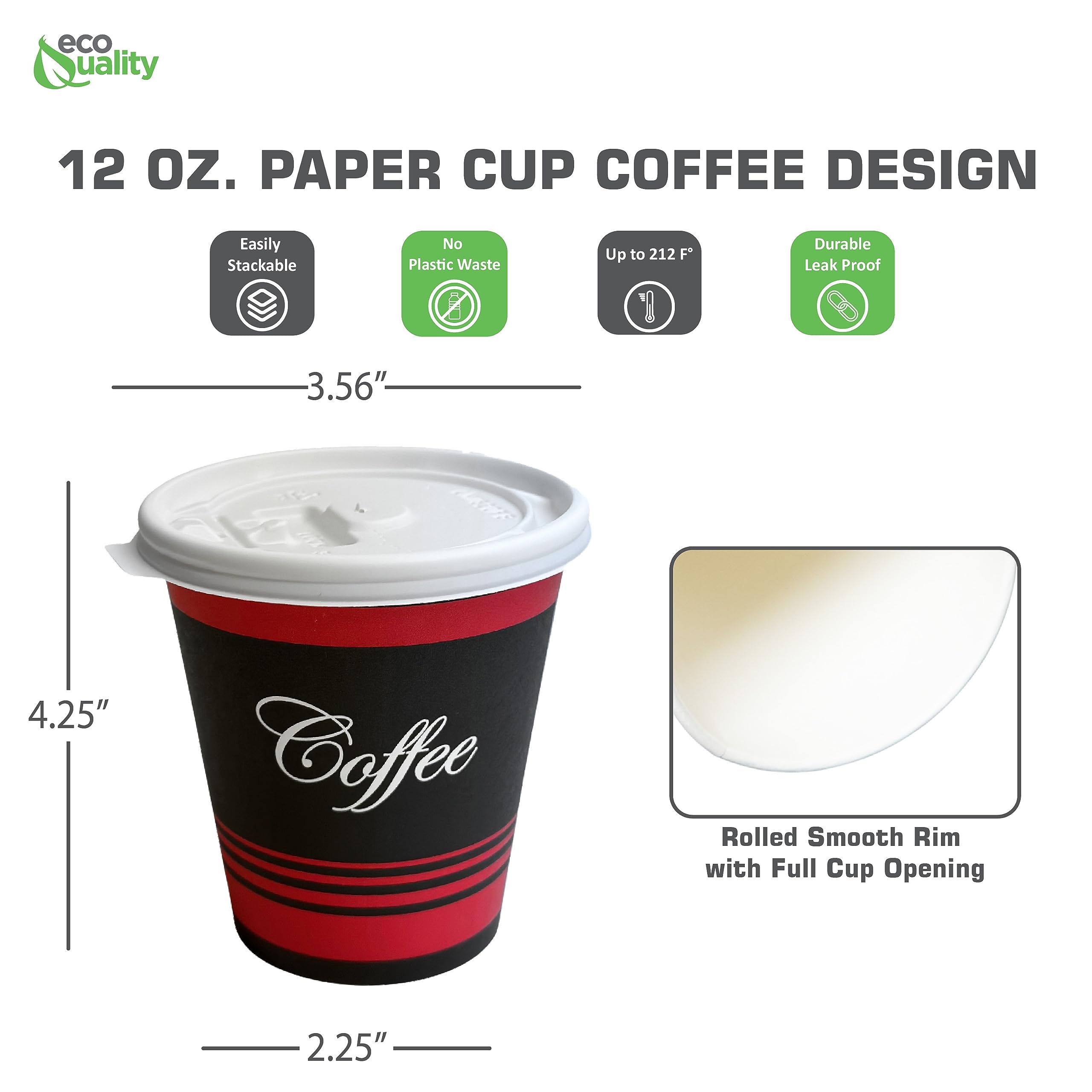 EcoQuality 12 Oz Disposable Paper Coffee Cups with White Lids - 1000 Count, Restaurant Grade Hot & Cold Drink Cups for Tea, Soda, Coffee Shops, Cafes, Concession Stands - Perfect for Takeout, Office Break Rooms, and Catering Events