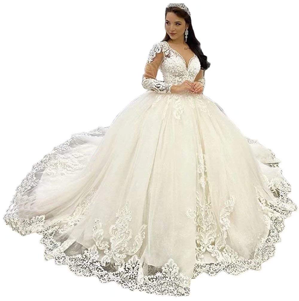 Elegant Lace Wedding Dress Ball Gown with Long Sleeves & V-Neck Applique - Perfect for Bridal Ceremony, Formal Events & Romantic Photoshoots