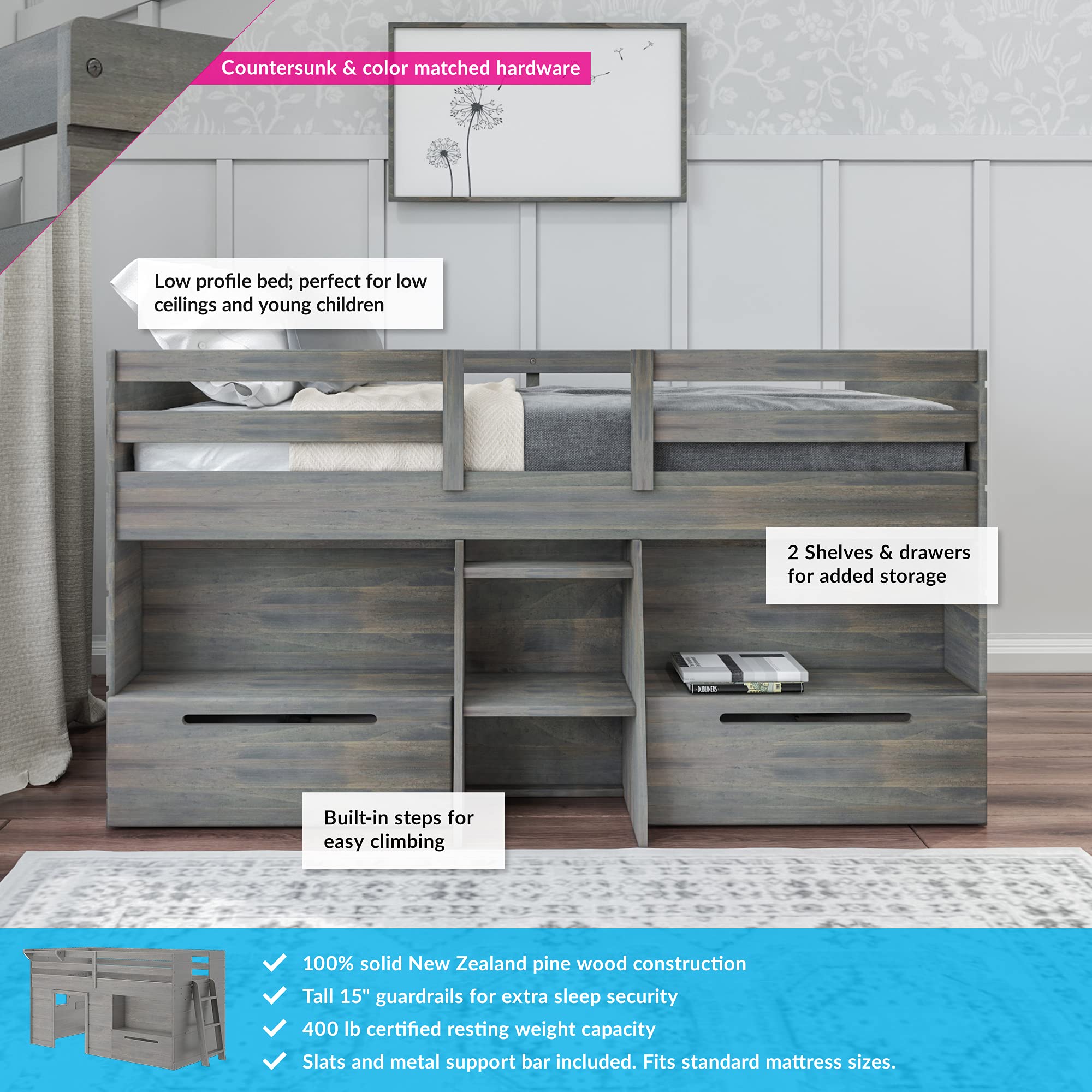 Modern Farmhouse Low Loft Bed with 2 Drawers - Twin Size, Solid Wood Frame in Driftwood Finish | Space-Saving Kids Bedroom Furniture for Small Rooms & Dorm Decor