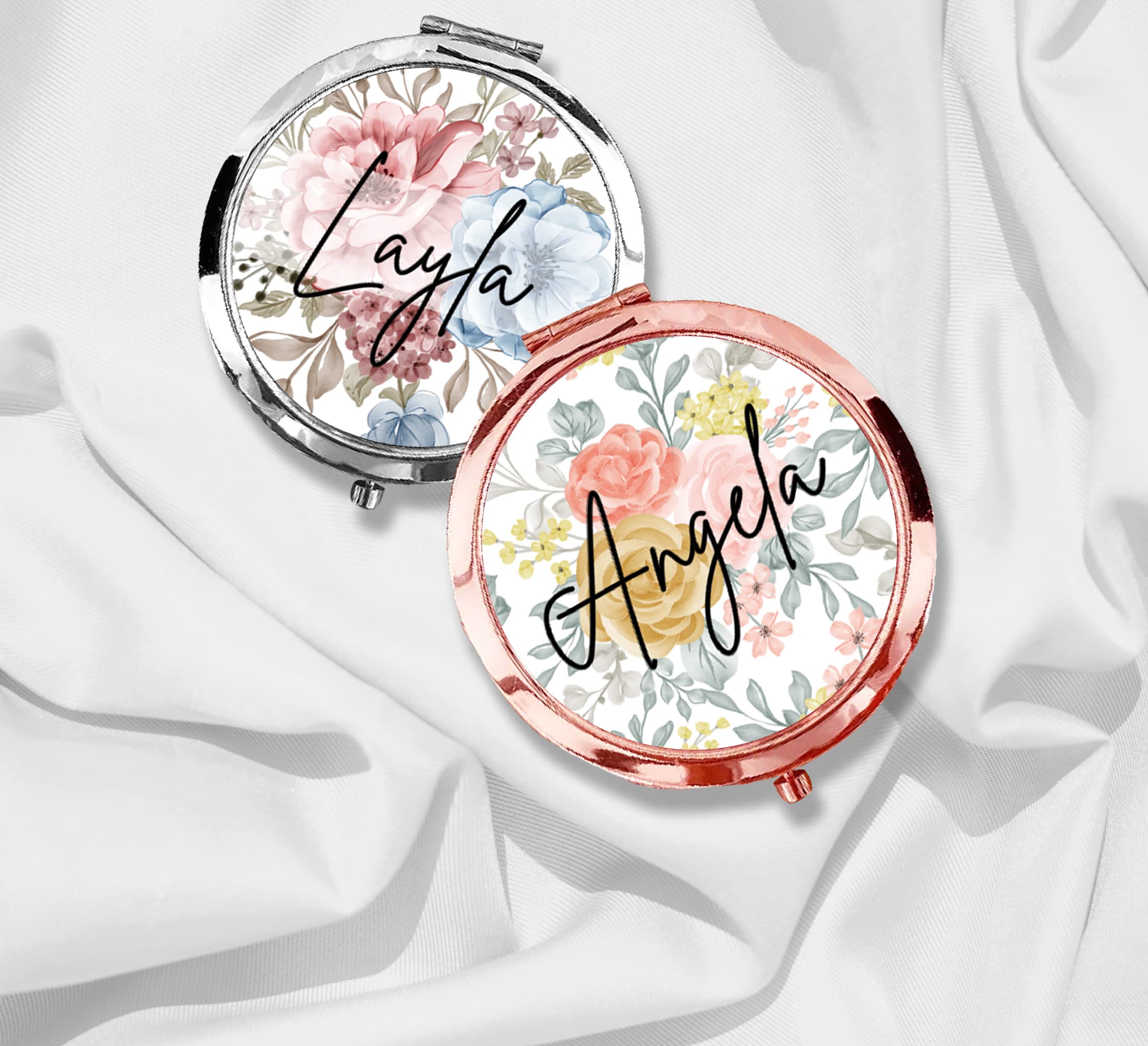Personalized Floral Compact Mirror - Bridal Party Gift for Travel & Makeup