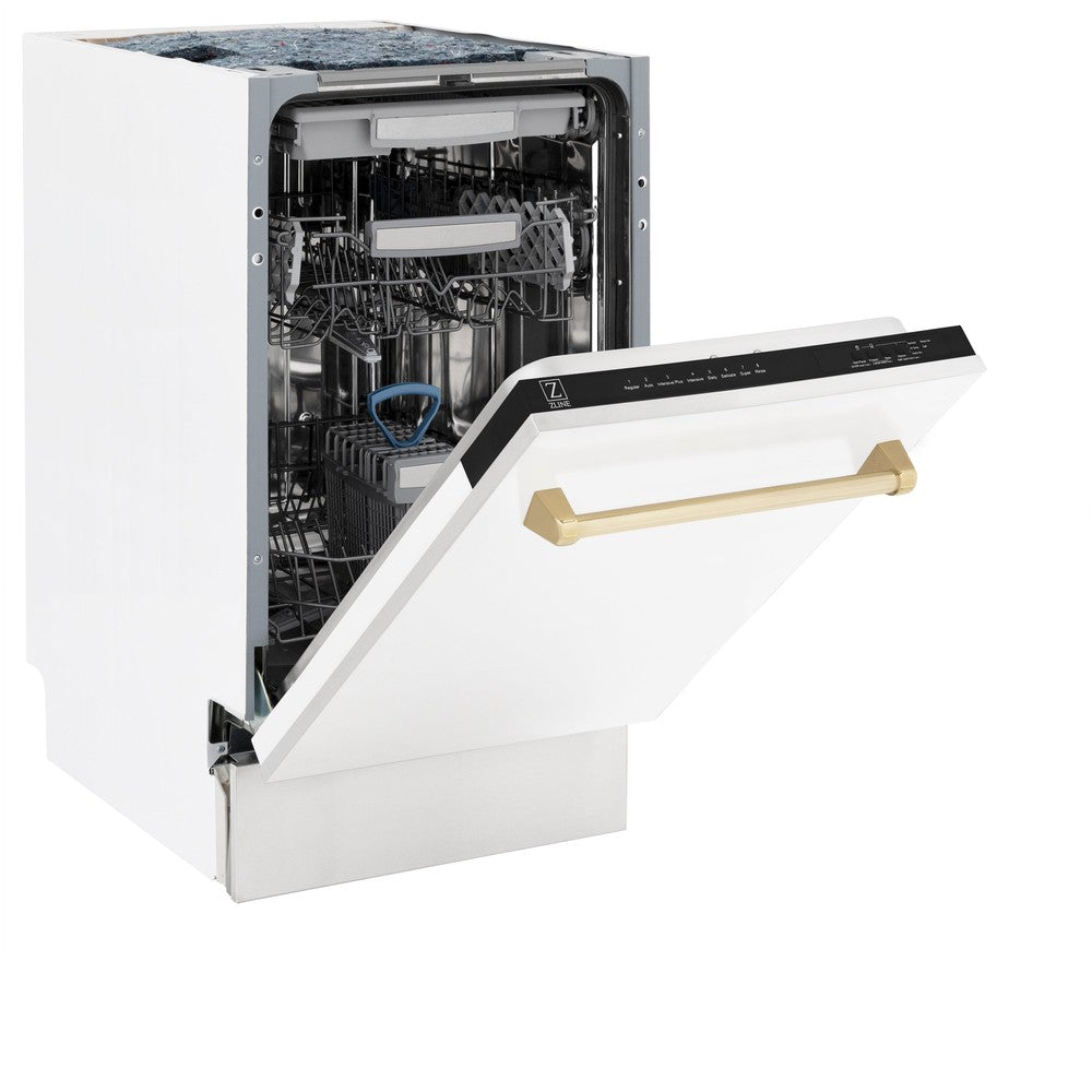 ZLINE Autograph Edition 18-Inch Compact Dishwasher with 3rd Rack - White Matte Finish & Polished Gold Handle, Ultra Quiet 51dBa (DWVZ WM 18 G) - Perfect for Small Kitchens, Apartments, and RV Living