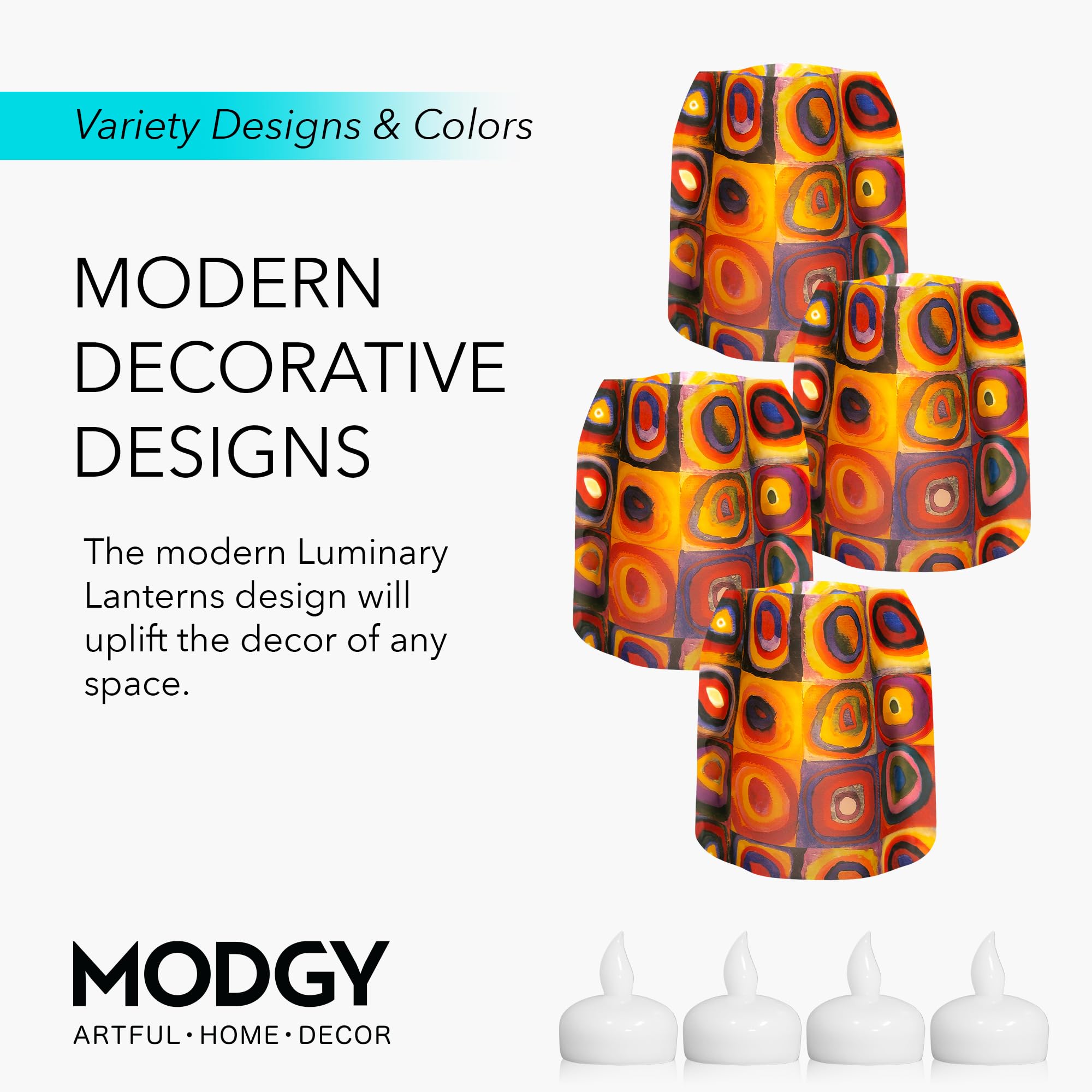 MODGY Luminary Lanterns 4-Pack - Waterproof Floating LED Candles with Timer & Remote - Battery Included Wedding Decor, Party Lights, Outdoor Patio Lighting - Perfect for Pool Parties, Garden Decor & Romantic Dinners (Kandinsky Circles Design)