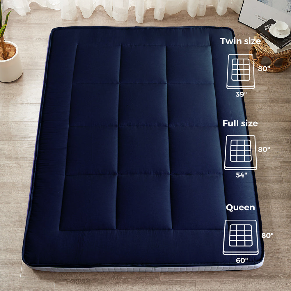 MAXYOYO Japanese Floor Futon Mattress - Thick Padded & Portable Navy Blue Floor Bed for Guest Room, Dorm, Camping & Travel