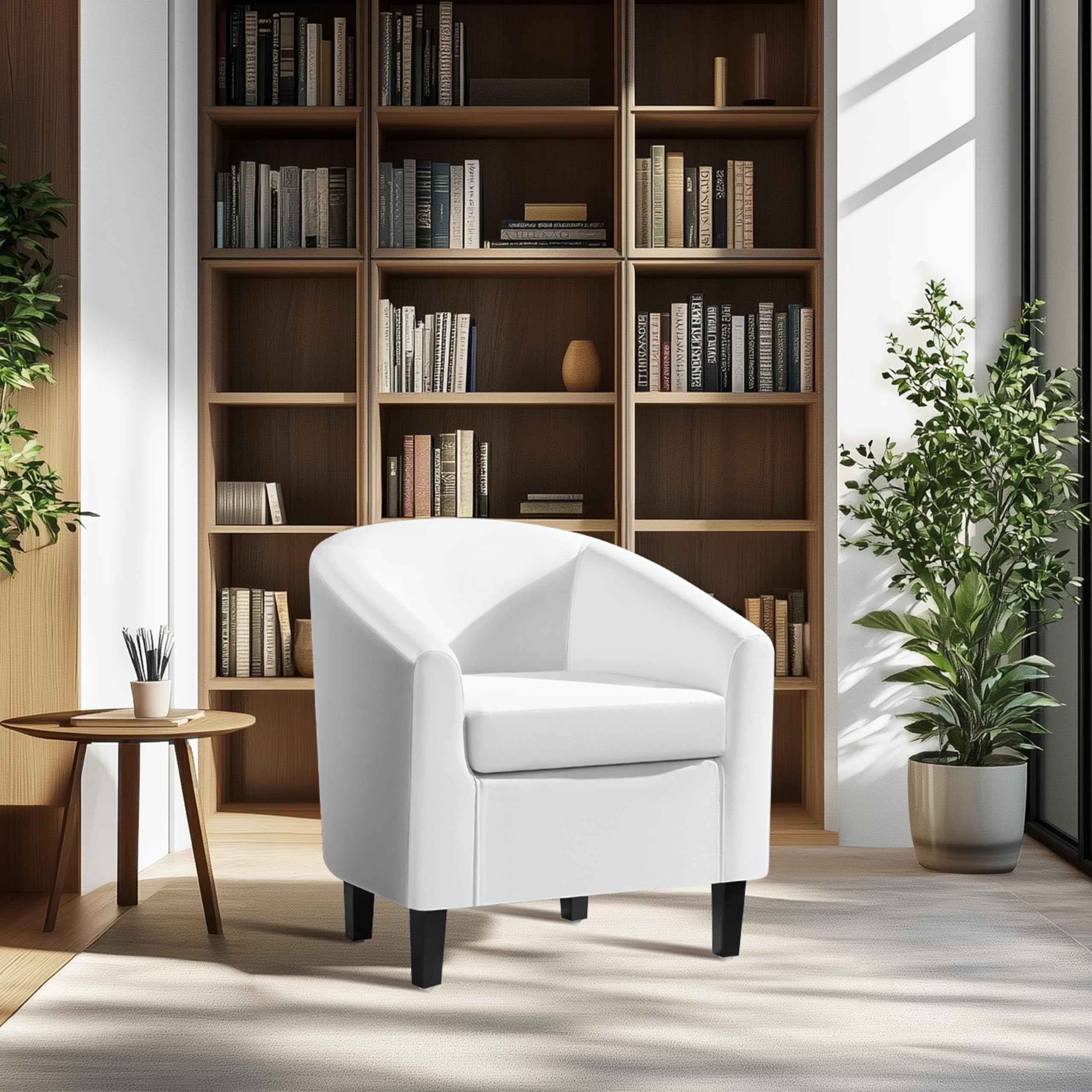 Yaheetech White Faux Leather Accent Chair - Modern Barrel Club Chair with Soft Padded Seat & Sturdy Legs for Living Room, Bedroom, Office - Perfect for Reading Nook, Home Theater Seating & Guest Reception Areas