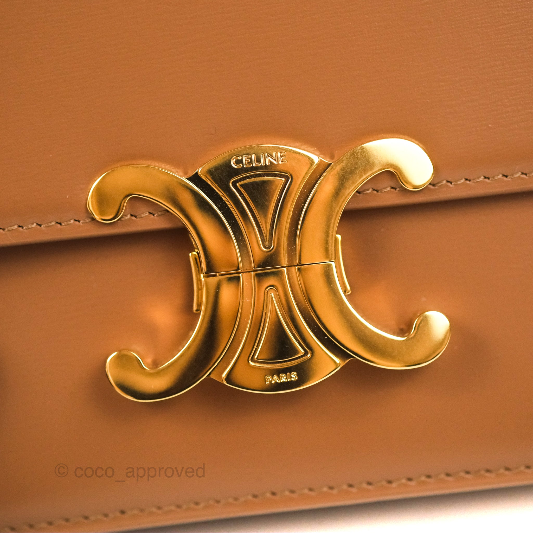 Celine Teen Triomphe Bag in Shiny Calfskin Bronze - Luxury Crossbody Purse for Women, Perfect for Date Night & Evening Events