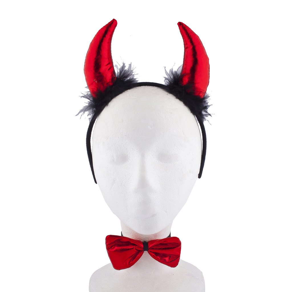 LUX ACCESSORIES Halloween Devil Costume Set - Red & Black Fuzzy Horn Headband, Tail, Pitchfork Accessories for Sexy Cosplay, Party, and Festive Events