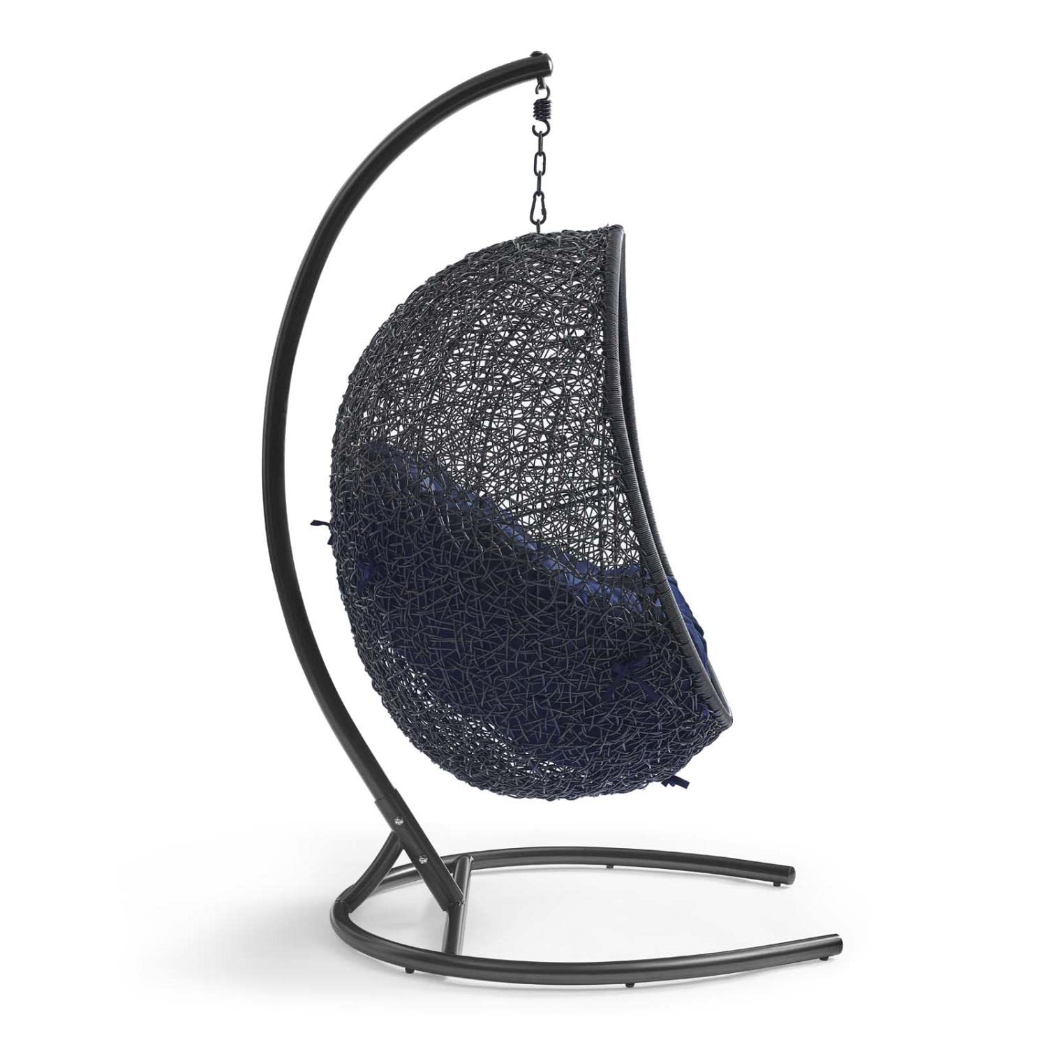 Modway EEI-3943-BLK-NAV Outdoor Egg Swing Chair - Wicker Rattan Hanging Chair with Stand, Sunbrella Fabric in Black & Navy - Perfect for Patio, Porch, Garden, or Backyard Relaxation