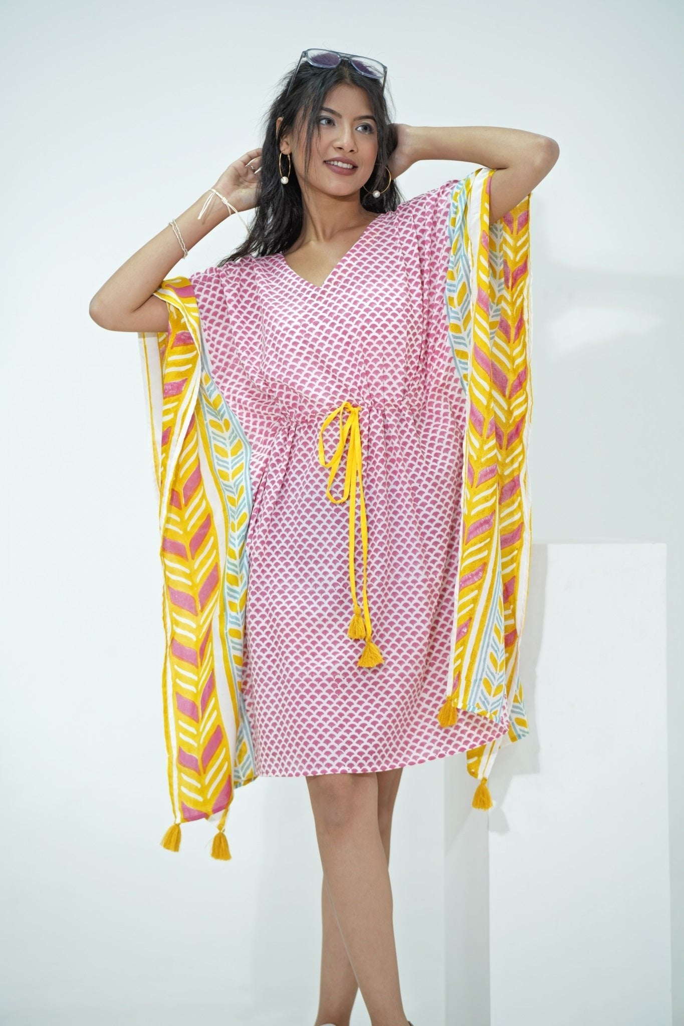 Handmade Rainbow Drops Block Printed Kaftan Dress - Bohemian Cotton Maxi Dress for Women, Perfect for Beach Vacation, Summer Festival & Casual Wear
