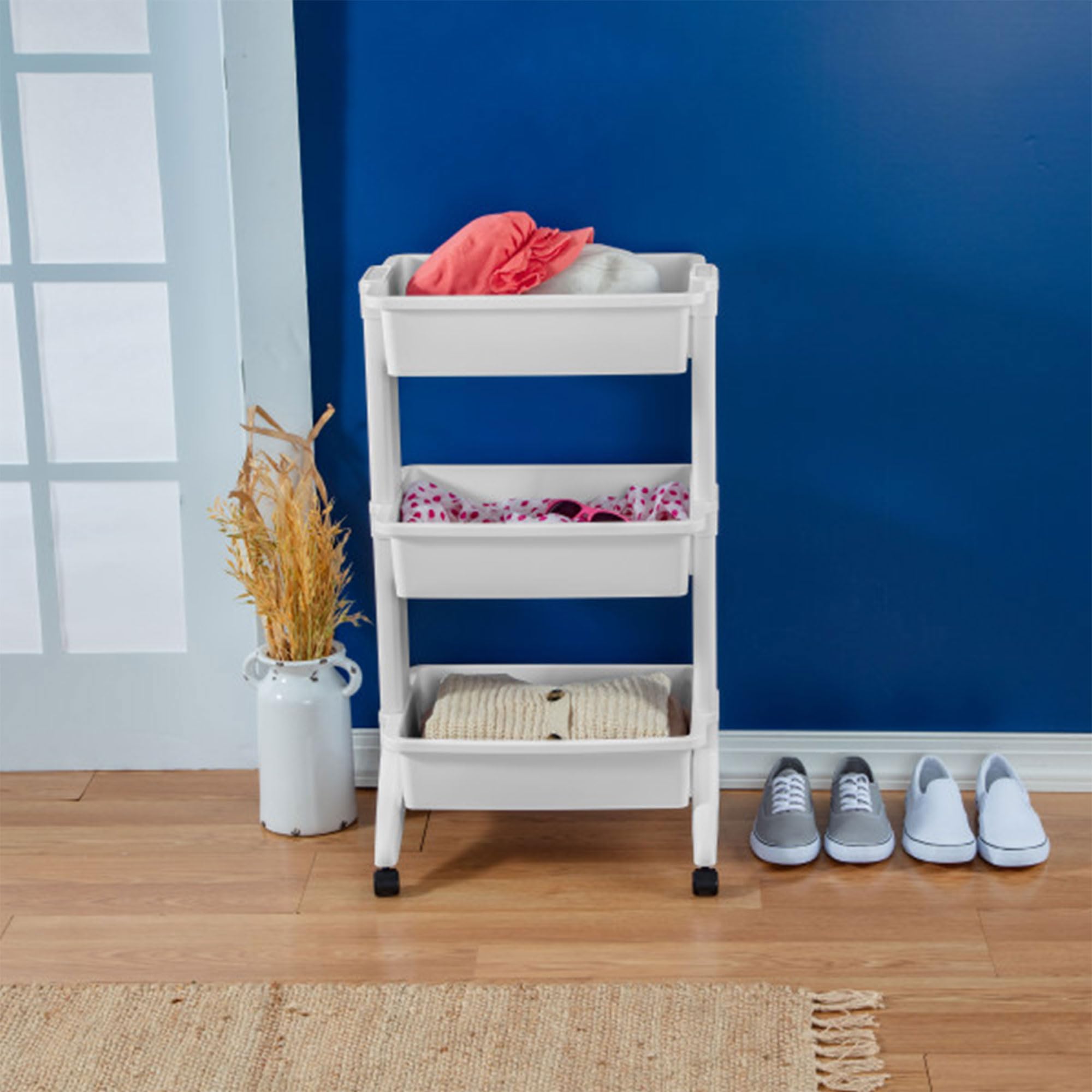 Sterilite 3-Tier Rolling Utility Cart with 360° Wheels - 10 lb Capacity per Tier, White Storage Organizer (6-Pack) - Perfect for Kitchen, Bathroom, Office & Dorm Organization