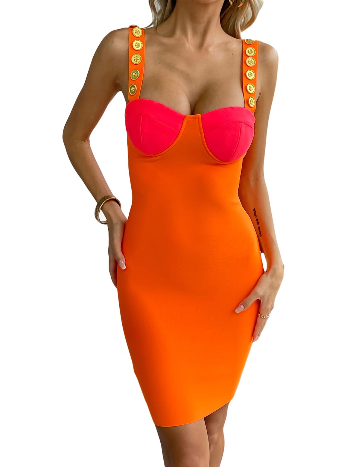 Houstil Women's Strap Wedding Guest Dress - Bandage Bodycon Cocktail Party Mini Dress with Button Detail | Perfect for Summer Weddings, Nightclubs & Special Occasions
