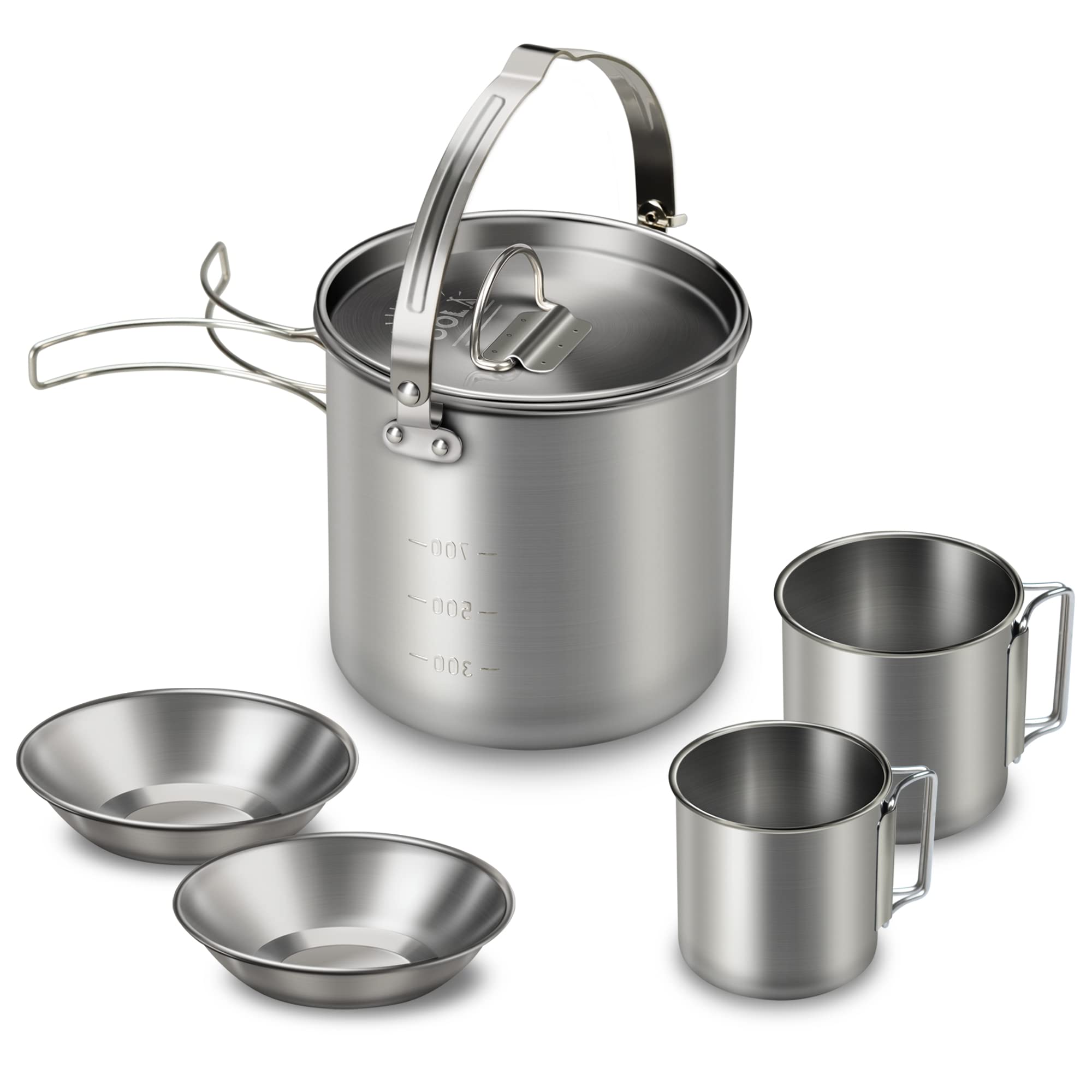 Lixada 5-Piece Stainless Steel Camping Cookware Set - Portable Kettle with 2 Cups, 2 Bowls & Foldable Handles - Perfect for Camping, Hiking, Picnics & Outdoor Adventures - Ideal for Boiling Water, Making Coffee, Tea & Cooking Meals in Nature