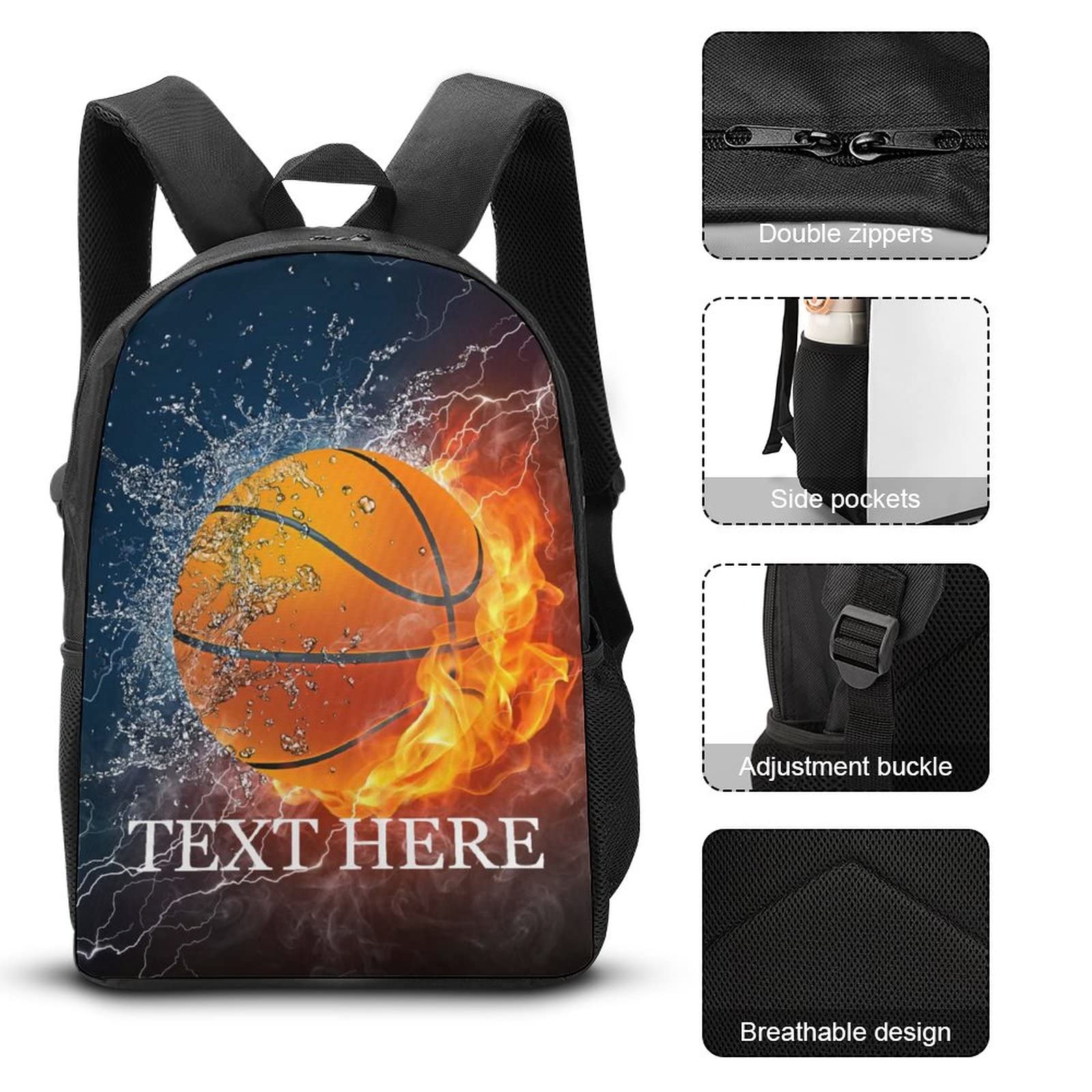 Custom Personalized Basketball Backpack Set with Fire Design - 3-Piece School Bag with Name Text, Lunch Box & Pencil Case for Boys & Girls | Perfect for School, Sports & Travel